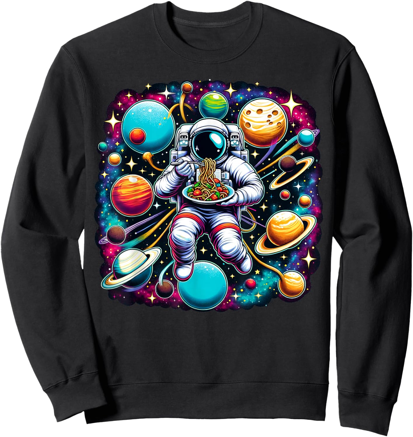Colorful Galaxy Astronaut eating Spaghetti and meatballs Sweatshirt - Sweatshirt | Black