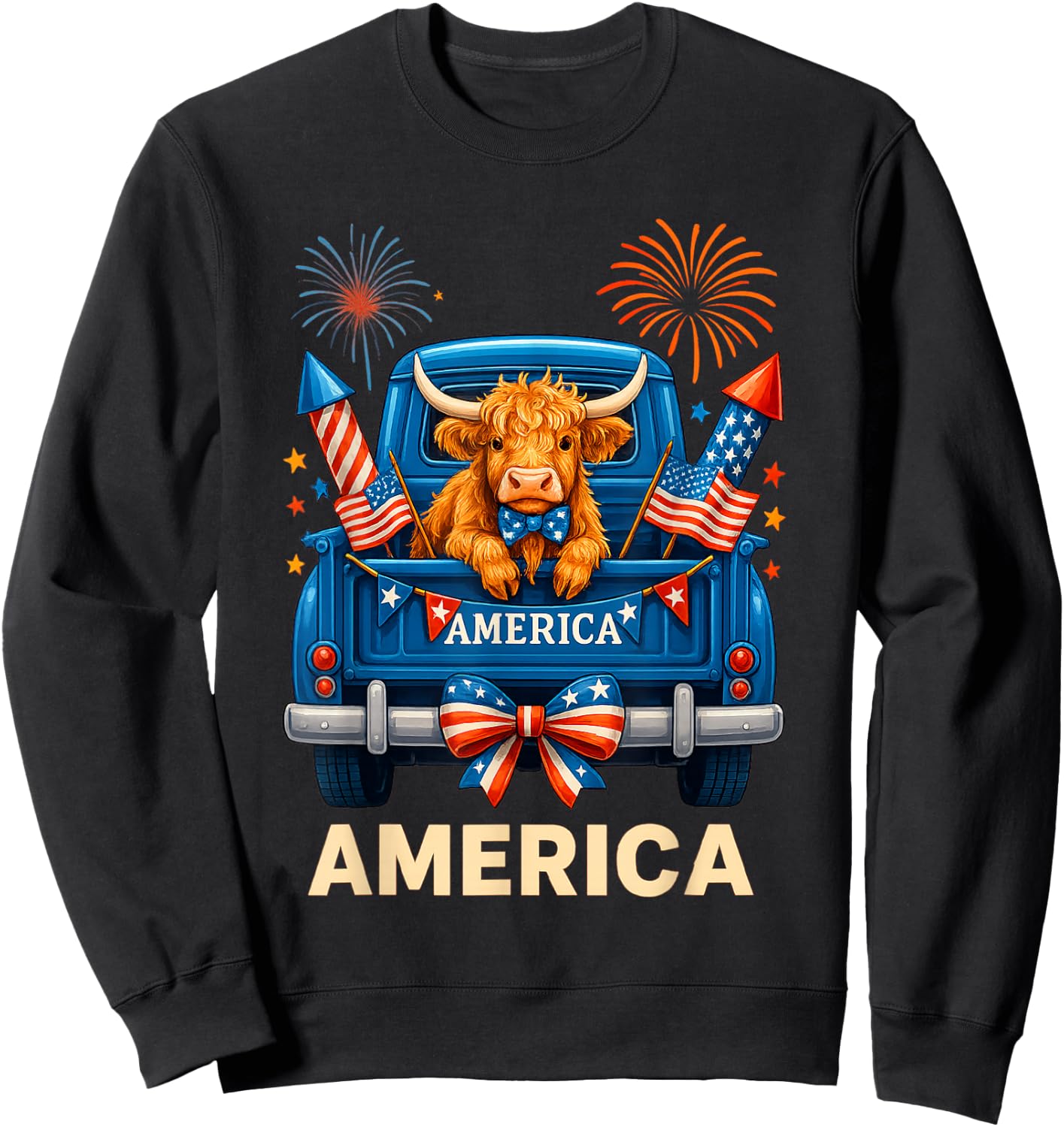 Patriotic Truck Highland Cow Cute 4th of July American Flag Sweatshirt - Sweatshirt | Black