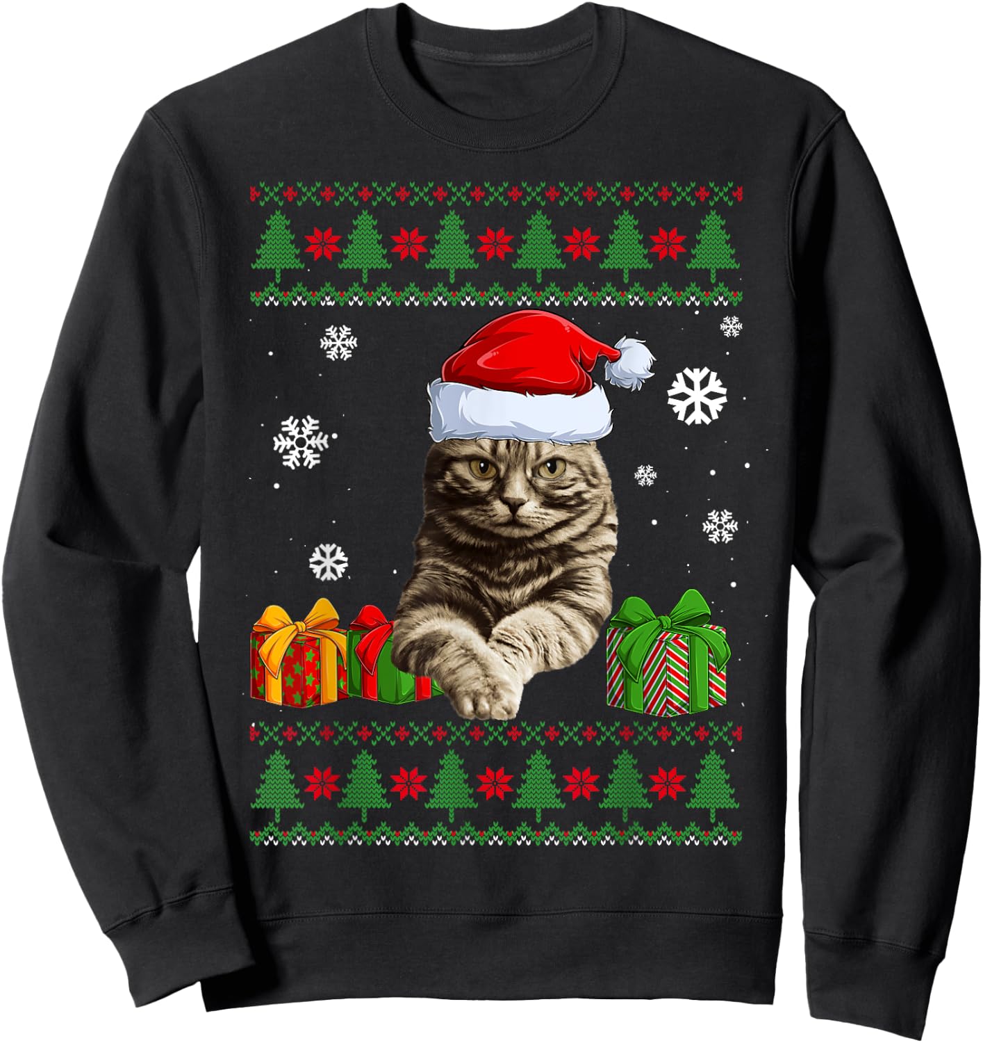 Funny Cat lovers Cute Cat Santa Hat Ugly Christmas Sweater Women Kids Sweatshirt - Sweatshirt | Black