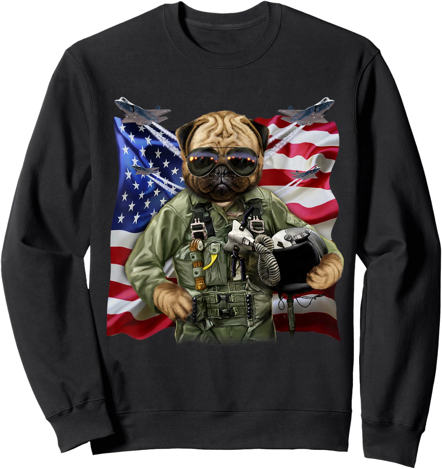 Pug Dog Fighter Jet Pilot with Flag of USA Sweatshirt - Sweatshirt | Black
