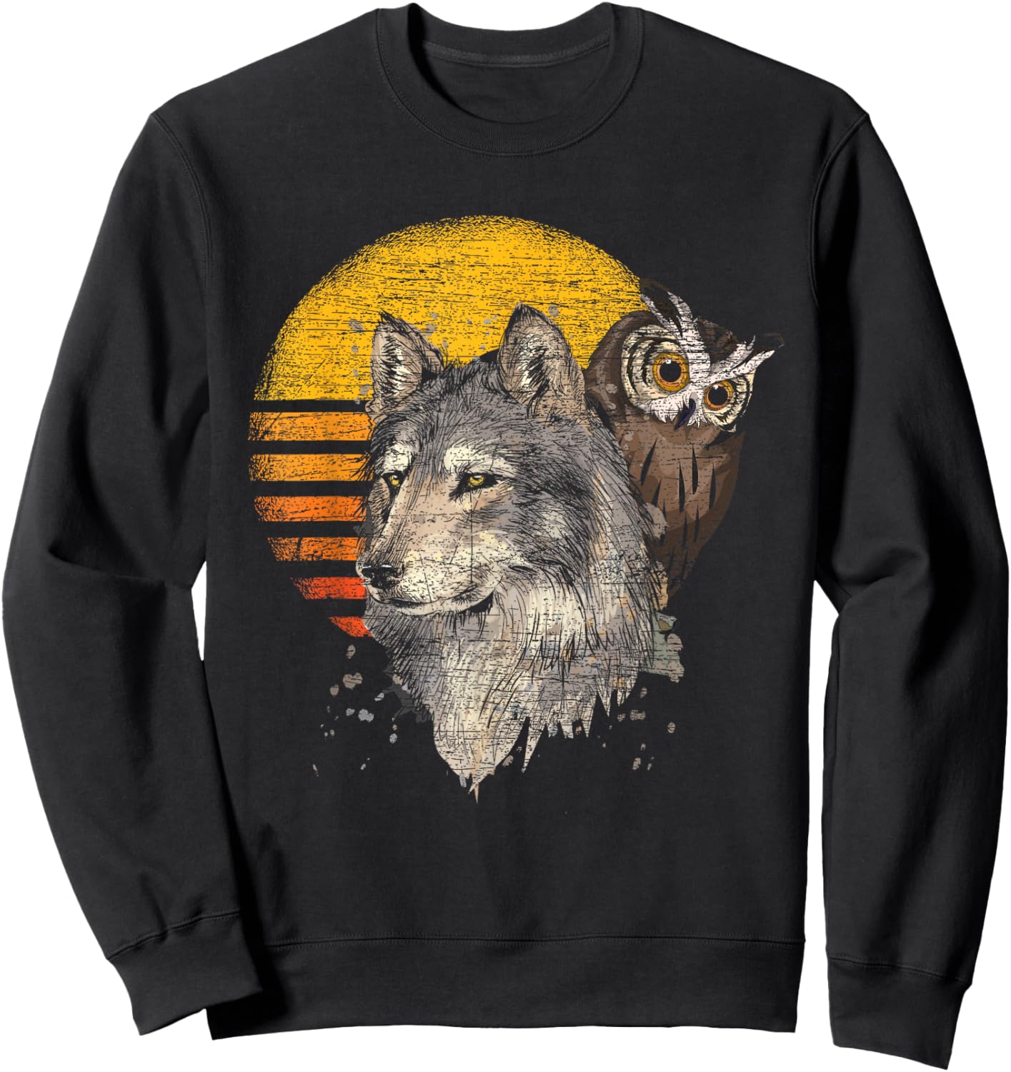 Forest Predator Ornithologist Gift Retro Wolf Owl Sweatshirt - Sweatshirt | Black