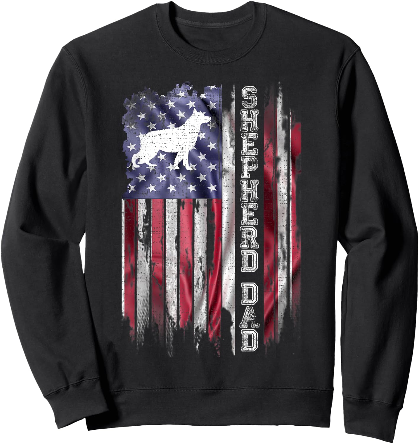 Vintage American Flag Proud German Shepherd Dad Silhouette Sweatshirt - Sweatshirt | Black