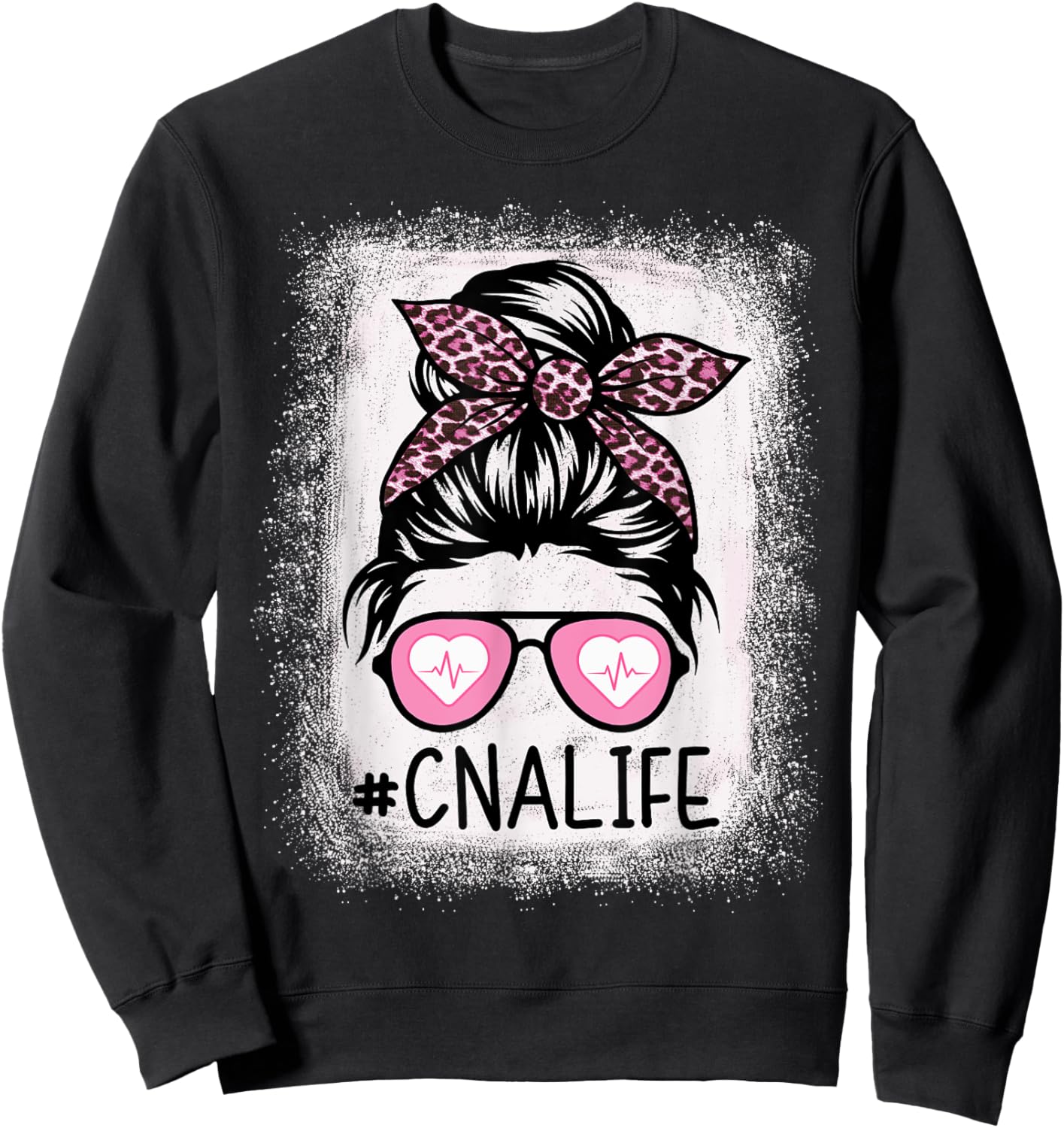 CNA Nurse Life Bleached Shirts Pink Leopard Messy Bun Sweatshirt - Sweatshirt | Black