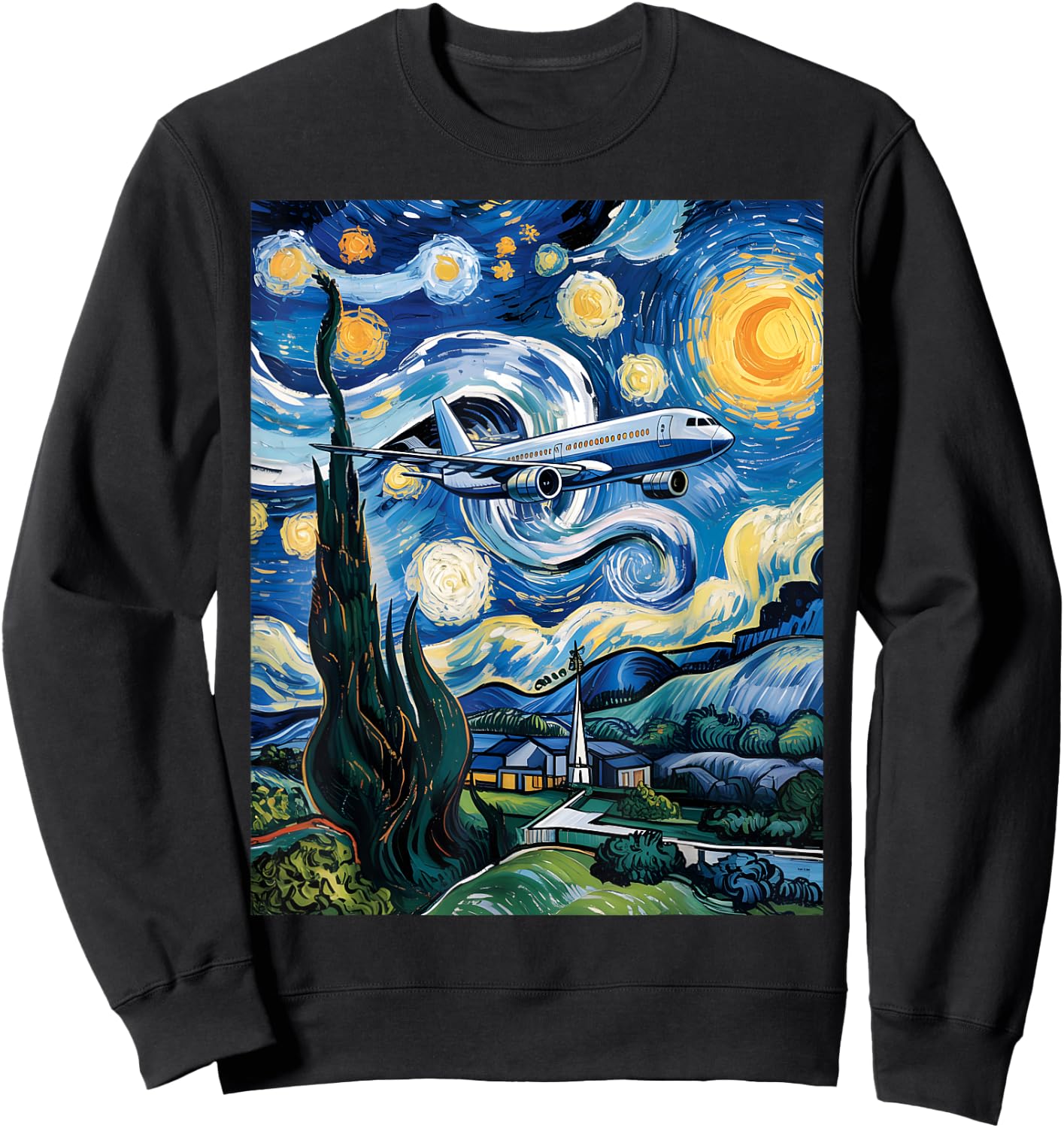 Airplane Starry Night Van Gogh Graphic Aviation Plane Pilot Sweatshirt - Sweatshirt | Black