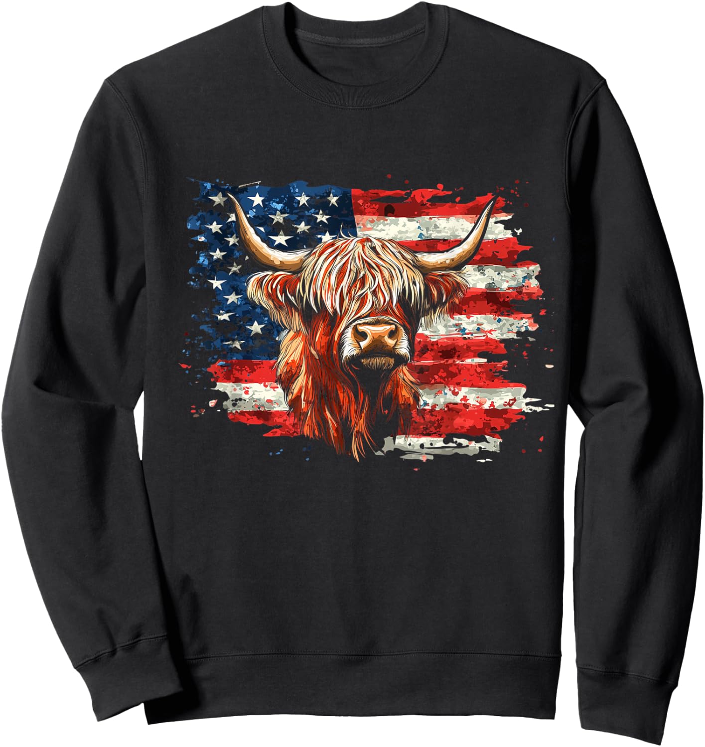 Patriotic Highland Cow American Flag 4th Of July Farm Animal Sweatshirt - Sweatshirt | Black