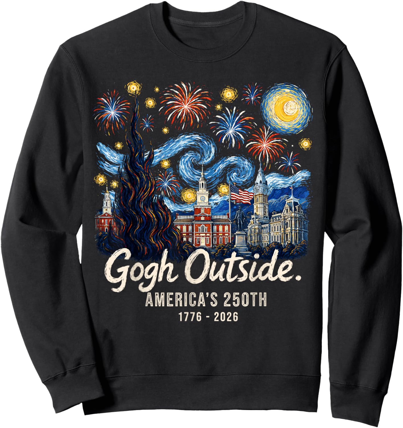 Gogh Outside America's 250th 1776 2026 Starry Night USA Sweatshirt - Sweatshirt | Black