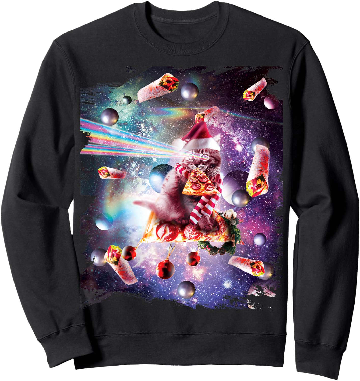 Christmas Space Cat Eating Pizza - Laser Eyes Xmas X-Mas Women Kids Sweatshirt - Sweatshirt | Black