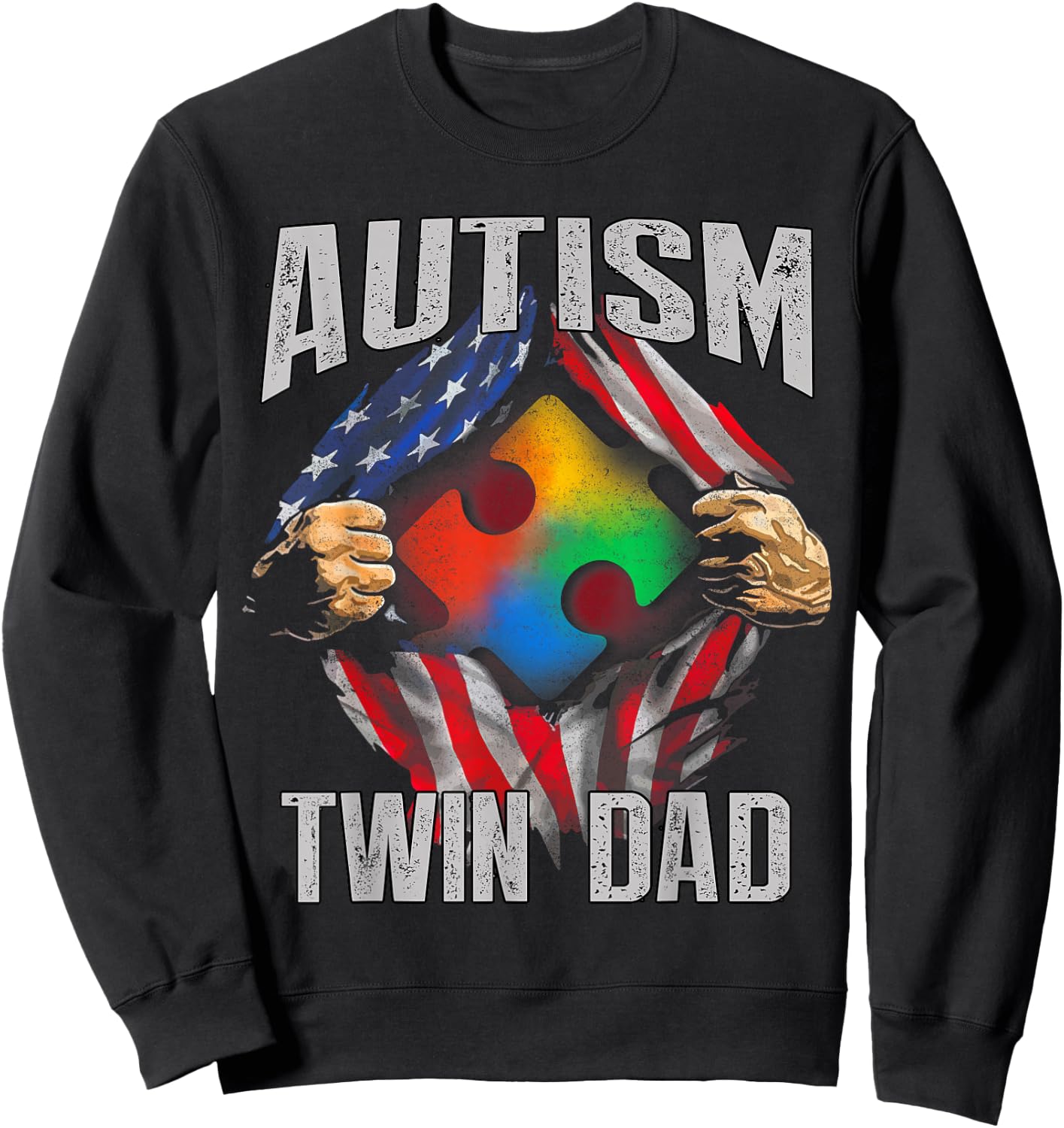 Autism Twin Dad American Flag Autism Awareness Men Sweatshirt - Sweatshirt | Black