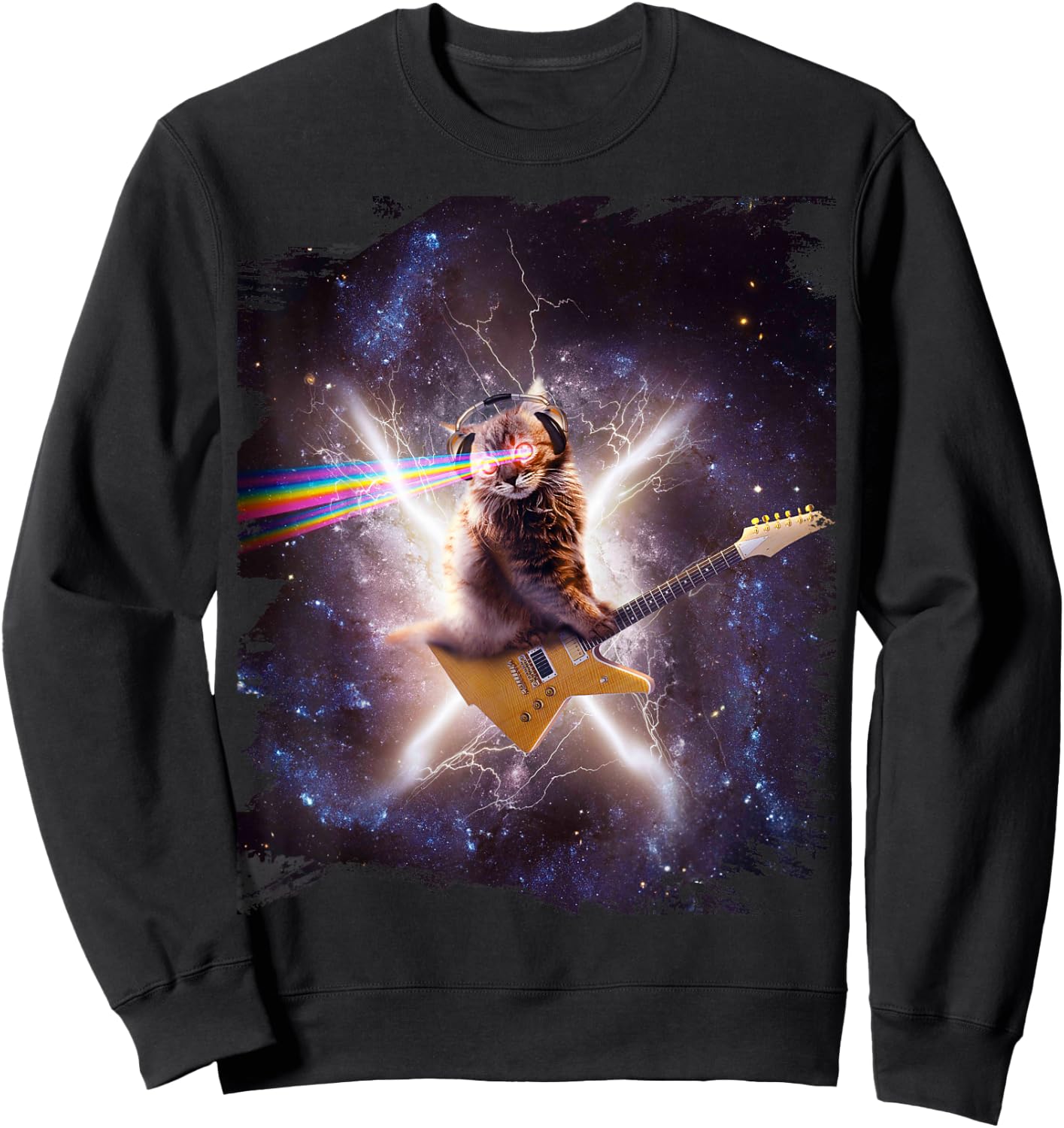 Laser Cat Riding Guitar In Outer Space Galaxy Lightning Sweatshirt - Sweatshirt | Black