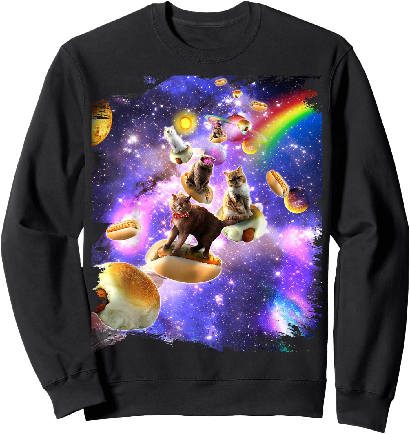 Space Cats Riding Hot Dogs Cat In Rainbow Galaxy Sweatshirt - Sweatshirt | Black