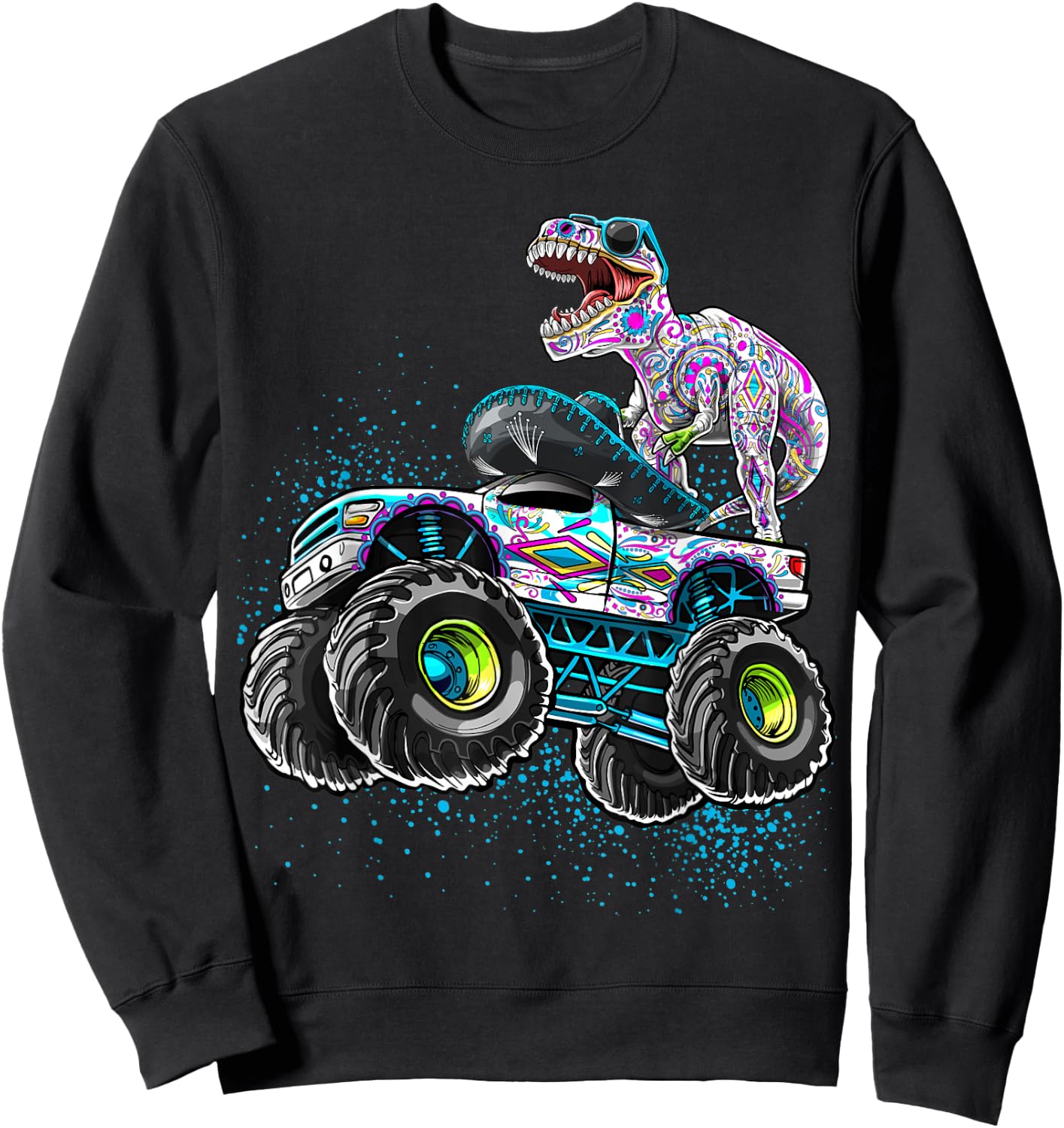Day of the Dead Monster Truck Dinosaur Sugar Skull Boys Sweatshirt - Sweatshirt | Black