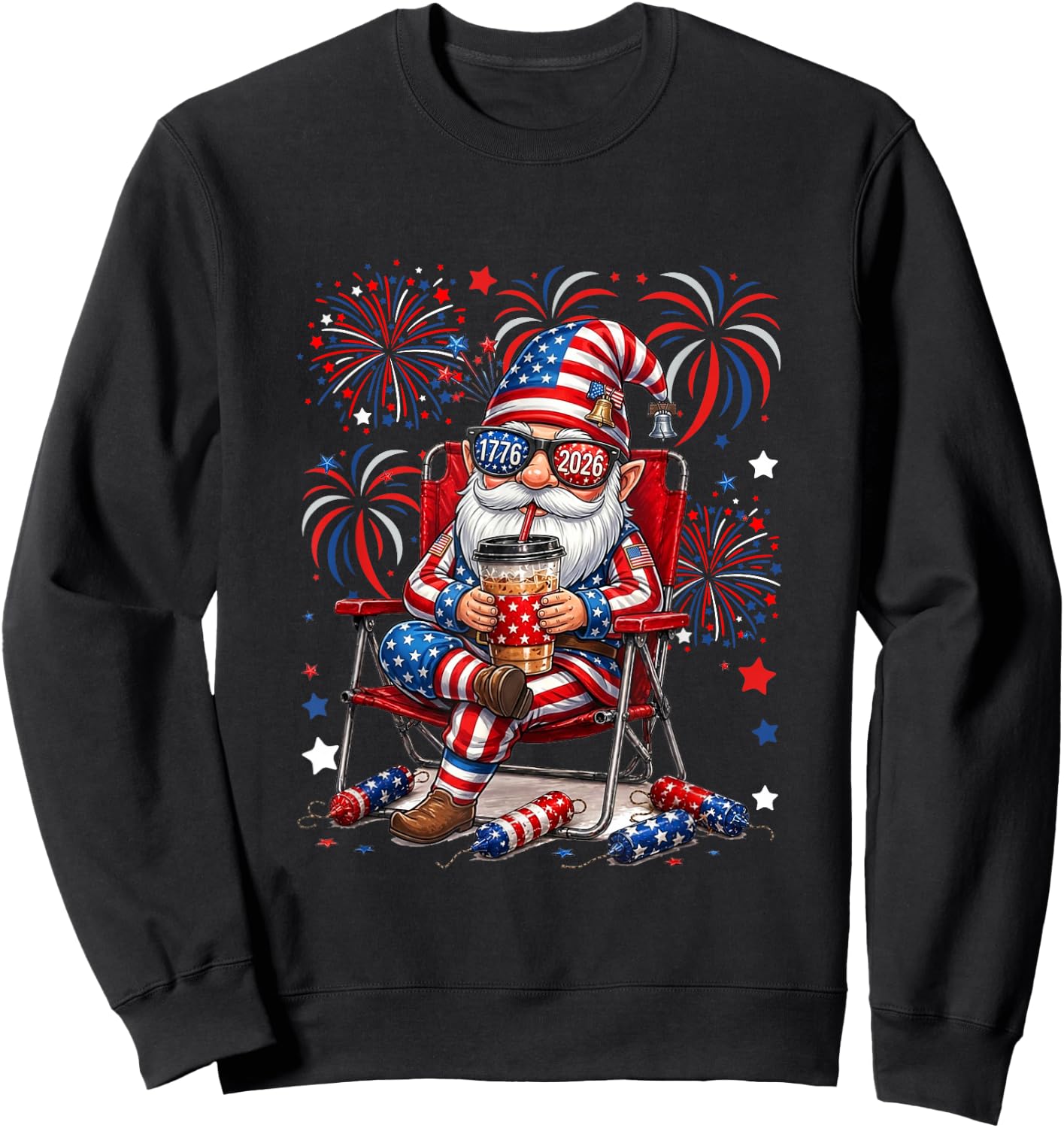 Gnome Sunglasses US Flag Drinking Coffee 4th July Patriotic Sweatshirt - Sweatshirt | Black
