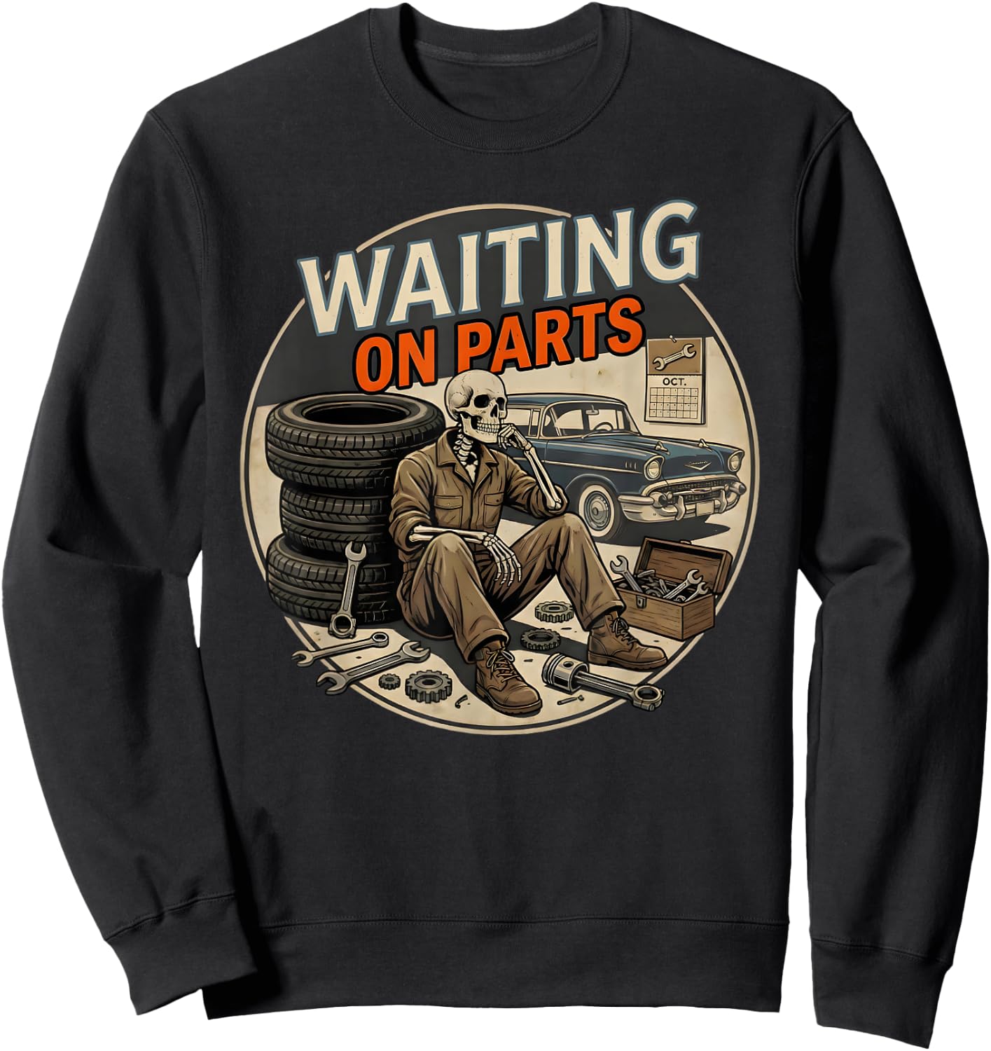 Waiting On Parts Funny Skeleton Auto Mechanic Technician Sweatshirt - Sweatshirt | Black