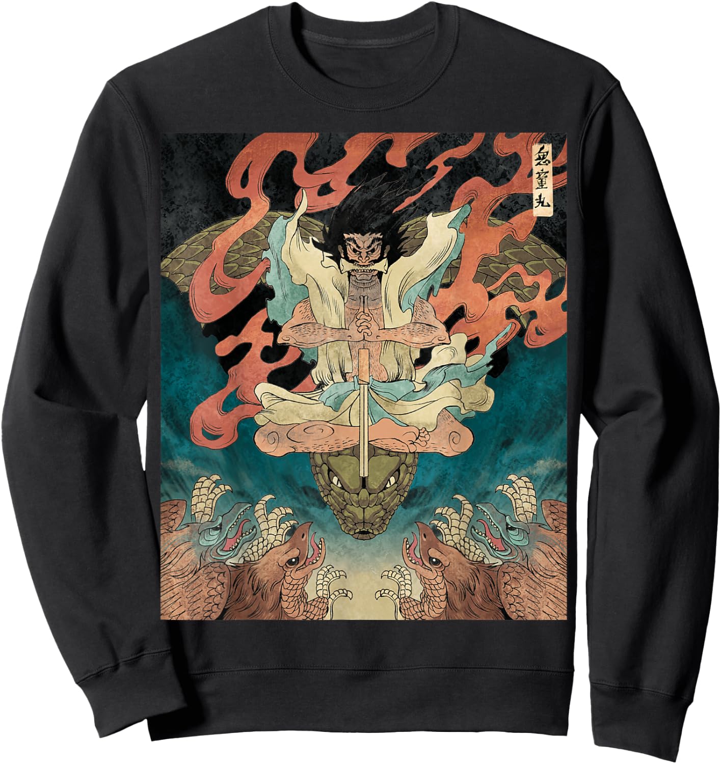 Japanese Vintage Artwork Tengu Gods Defeat Evil Snake Fan Sweatshirt - Sweatshirt | Black
