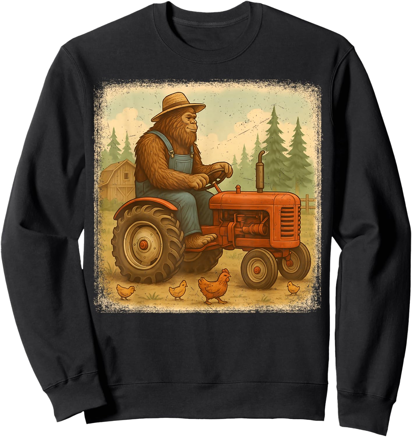 Bigfoot Driving Tractor Sasquatch Farmer Funny Farming Sweatshirt - Sweatshirt | Black