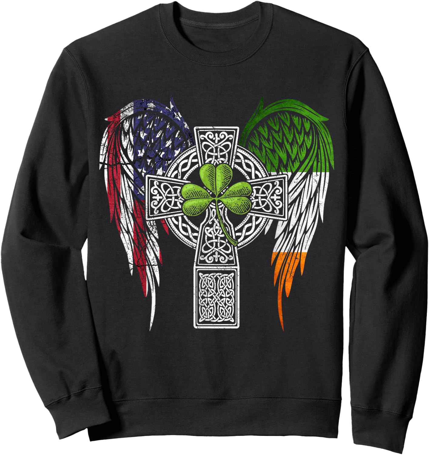 USA Flag Celtic Cross Irish American St Patrick's Day Sweatshirt - Sweatshirt | Black