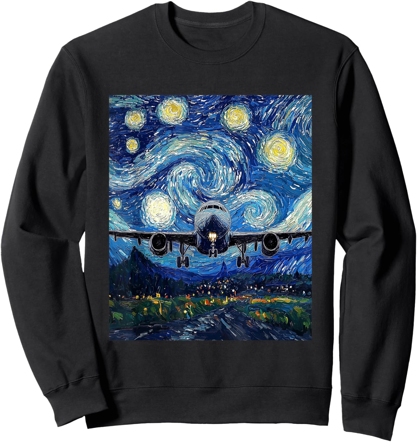 Airplane Flight Pilot Van Gogh Style Starry Night Graphic Sweatshirt - Sweatshirt | Black