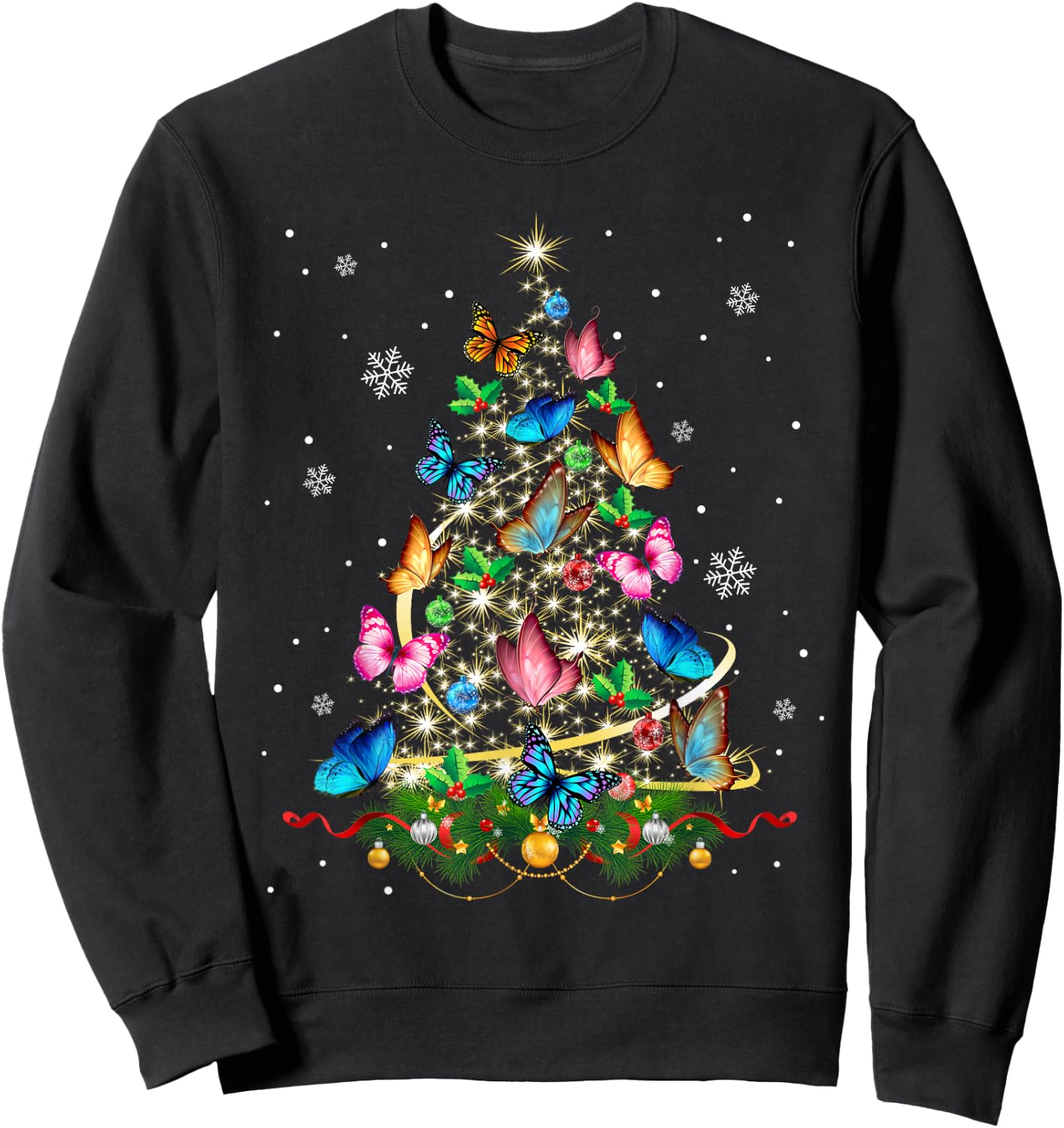 Butterfly Christmas Tree Lights Girl Xmas Pajama Butterfly Sweatshirt - Sweatshirt | Black