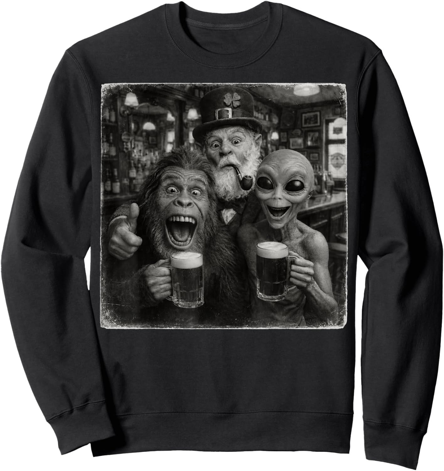 Alien Bigfoot Leprechaun Funny Selfie Squad Memes st Patrick Sweatshirt - Sweatshirt | Black