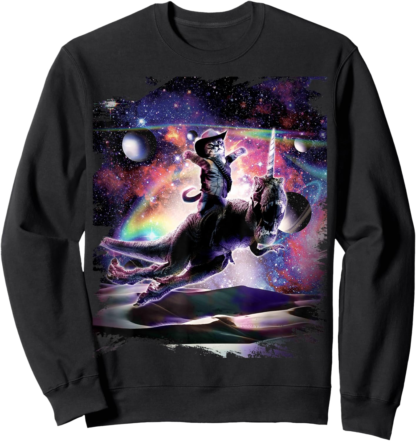 Galaxy Cat On Dinosaur Unicorn In Space Sweatshirt - Sweatshirt | Black