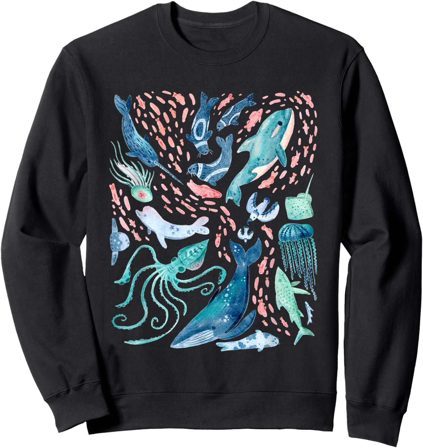 Watercolor Arctic Whales Fish Beluga Narwhal Squid Jellyfish Sweatshirt - Sweatshirt | Black