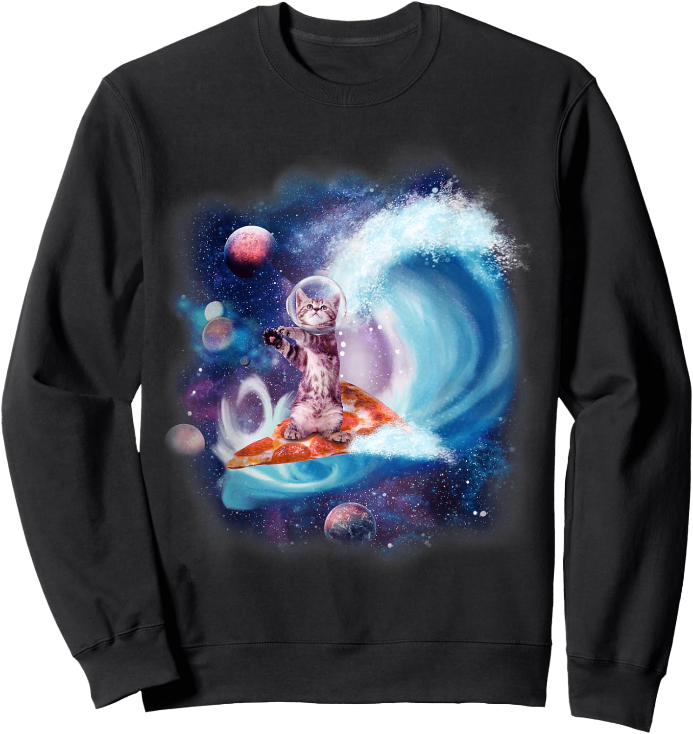 Cat Wearing Helmet Surfing On Pizza Surfboard Funny Men Women Kids Sweatshirt - Sweatshirt | Black
