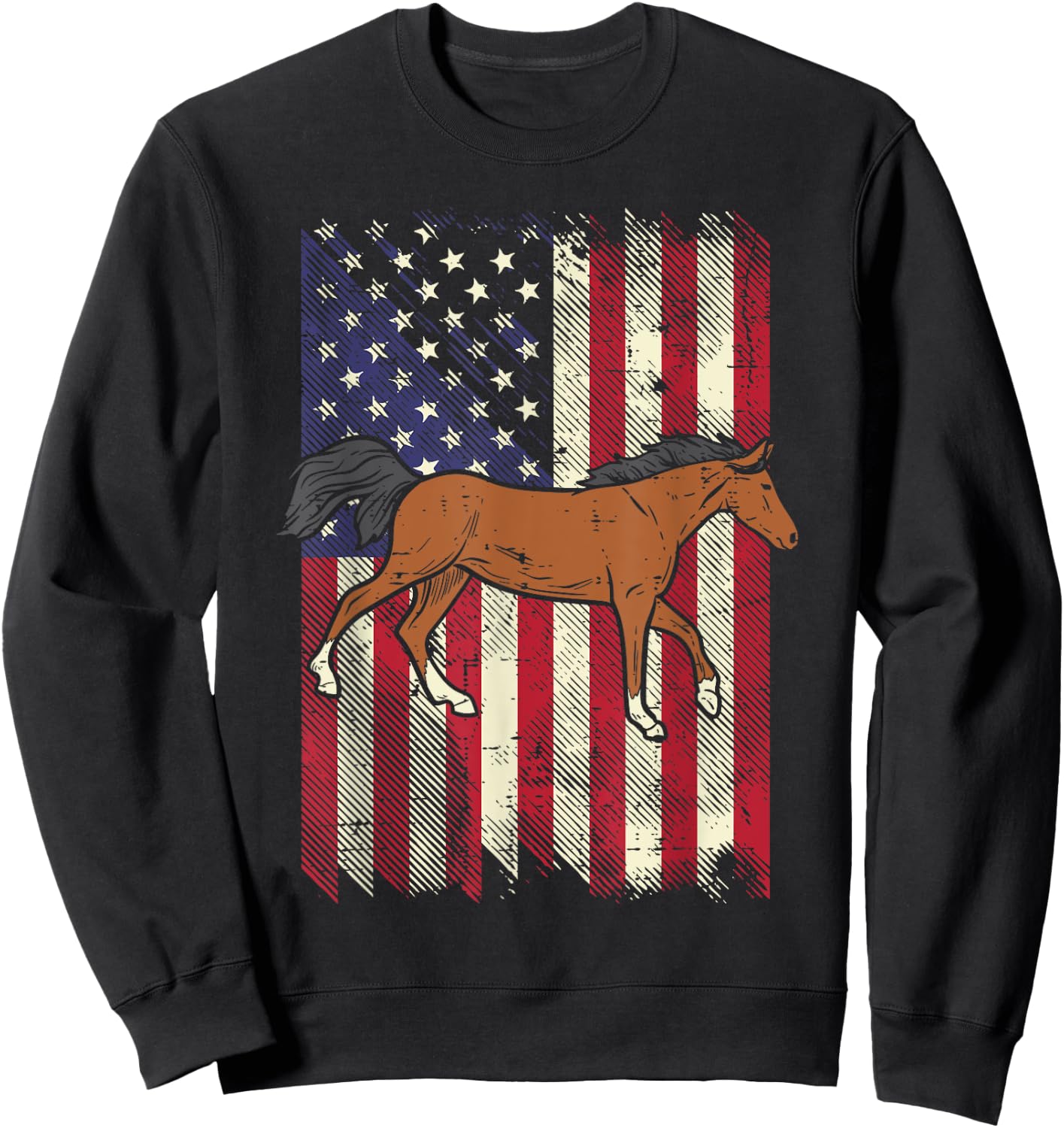 American Flag Horse Vintage Patriotic Equestrian Men Women Sweatshirt - Sweatshirt | Black