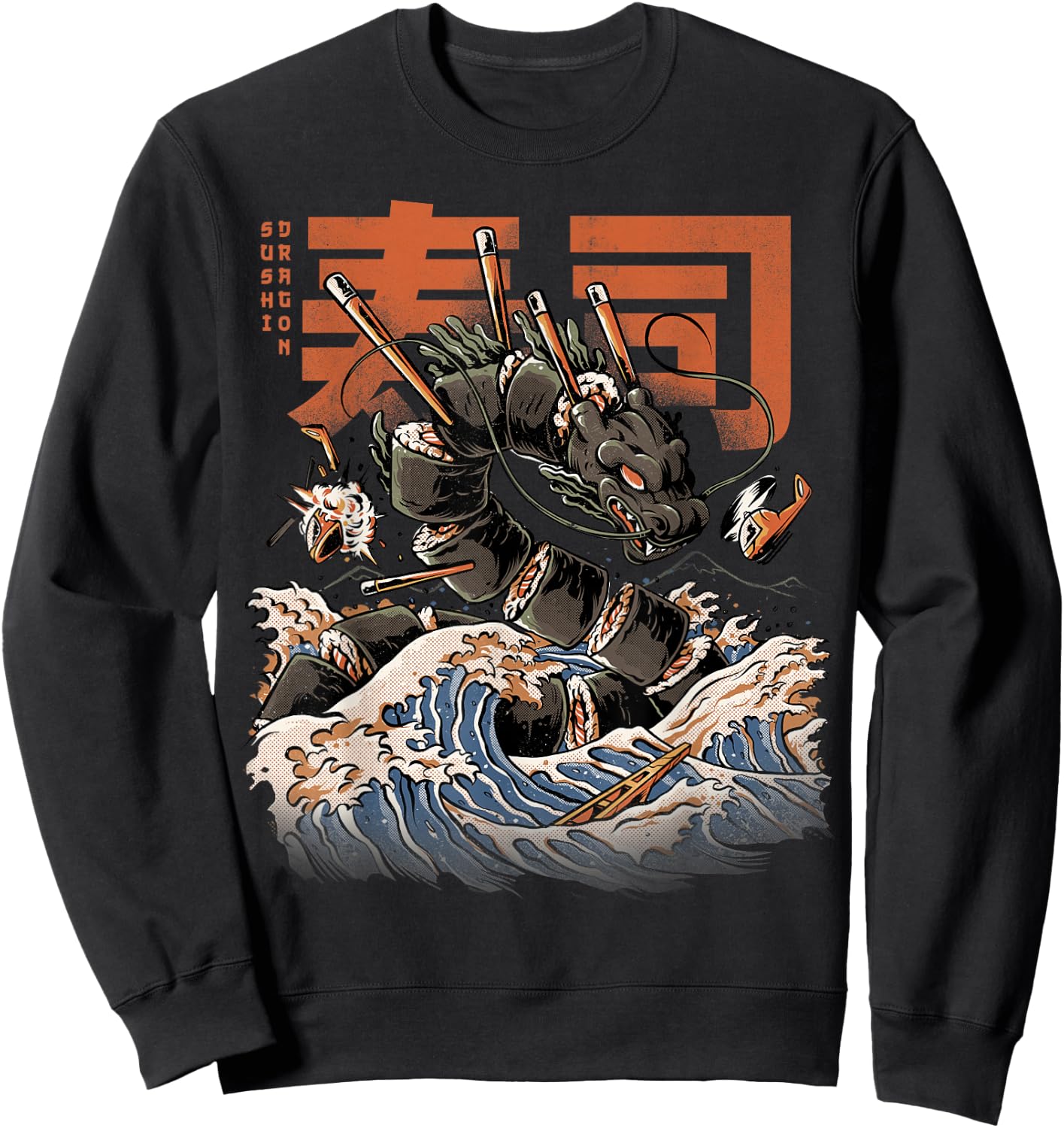 Great Sushi Dragon Japanese Food Kawaii Dragon Anime Sweatshirt - Sweatshirt | Black