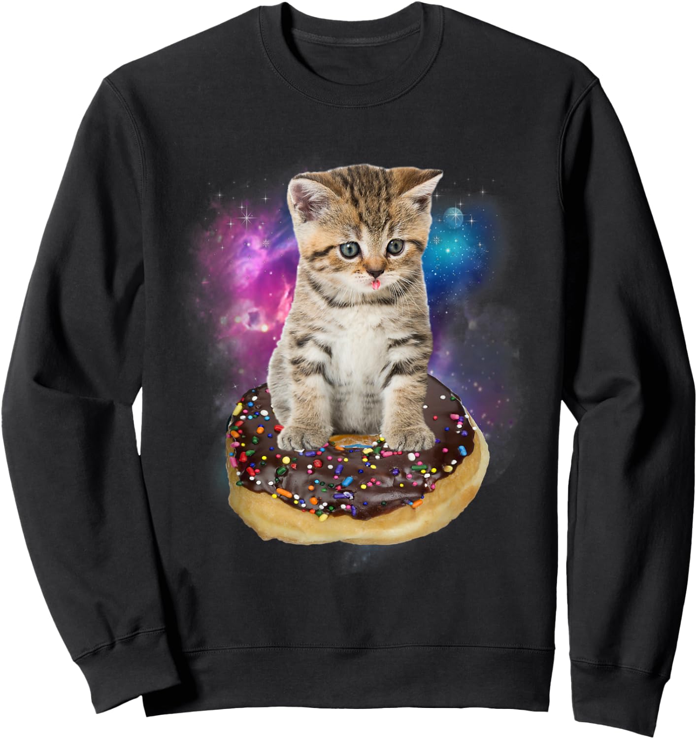 Space Donut Cat Shirt | Flying Kitty Galaxy T Shirt Men Women Kids Sweatshirt - Sweatshirt | Black