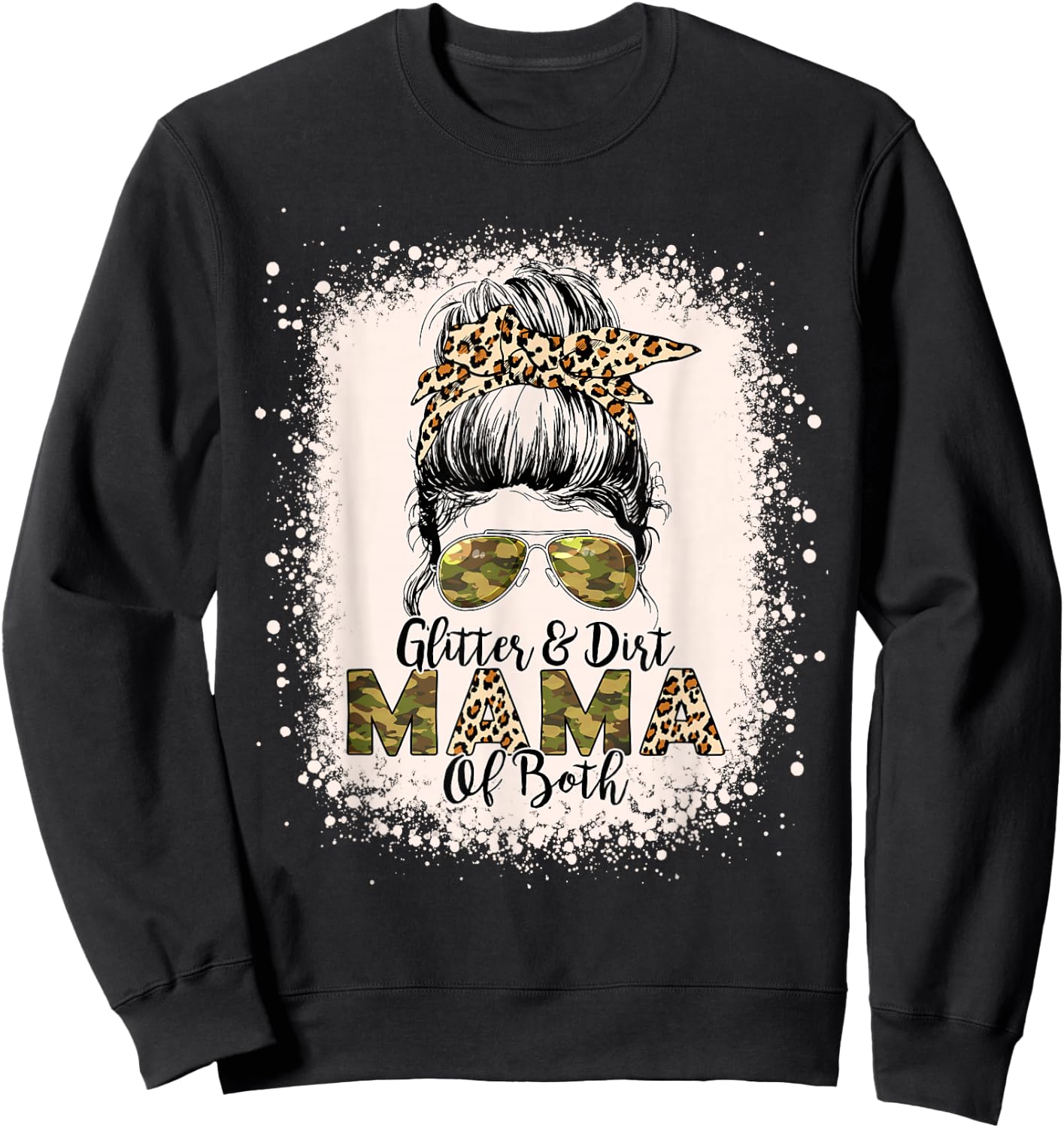 Glitter & Dirt Mama of Both Leopard Camo Messy Bun Bleached Sweatshirt - Sweatshirt | Black