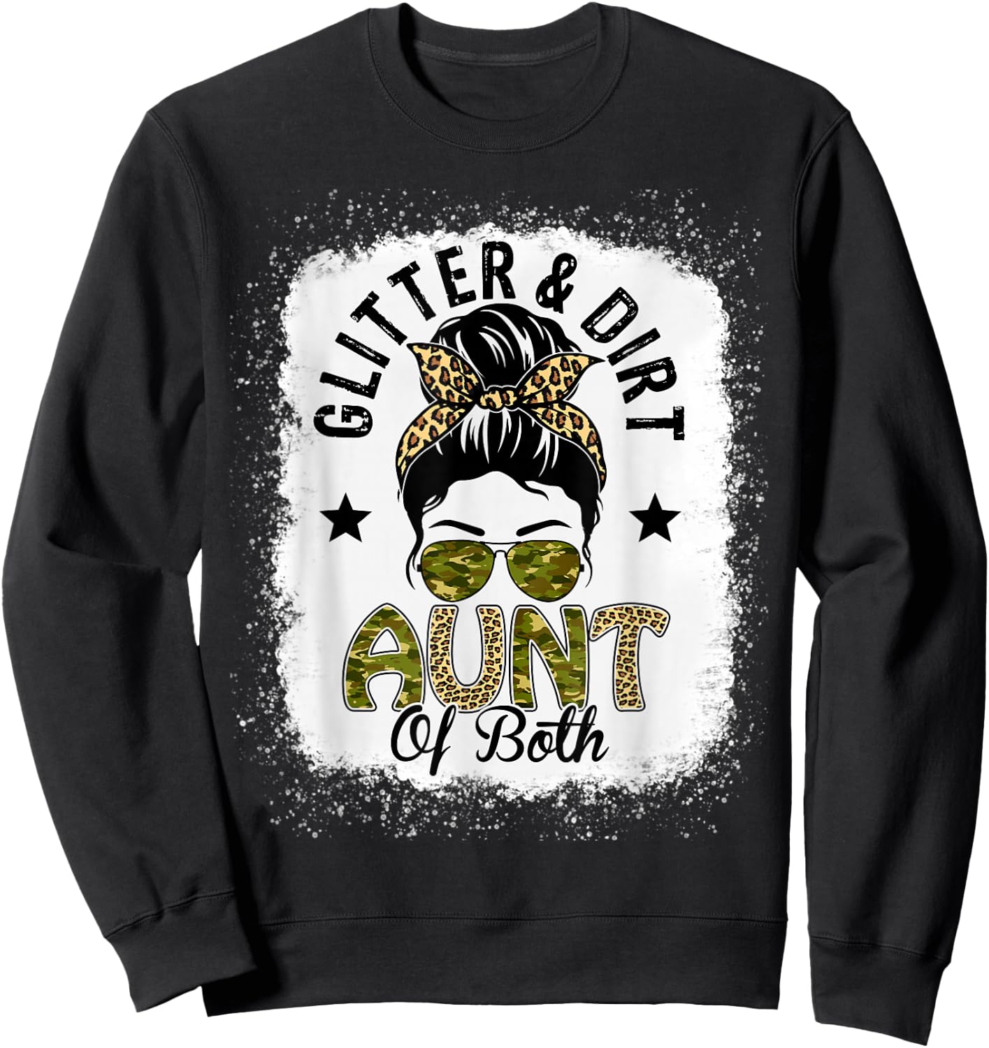 Aunt Of Both Messy Bun Leopard Camo Bleached Mother's Day Sweatshirt - Sweatshirt | Black
