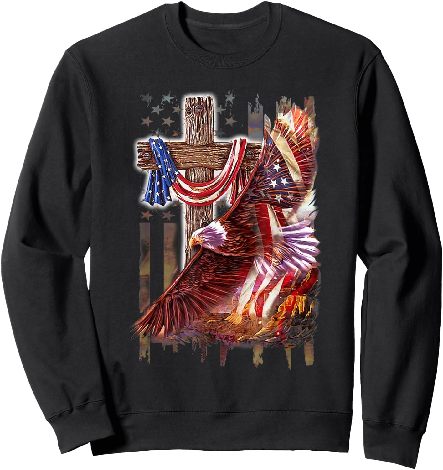 Cross Christian Jesus Eagle Flag American Sweatshirt - Sweatshirt | Black