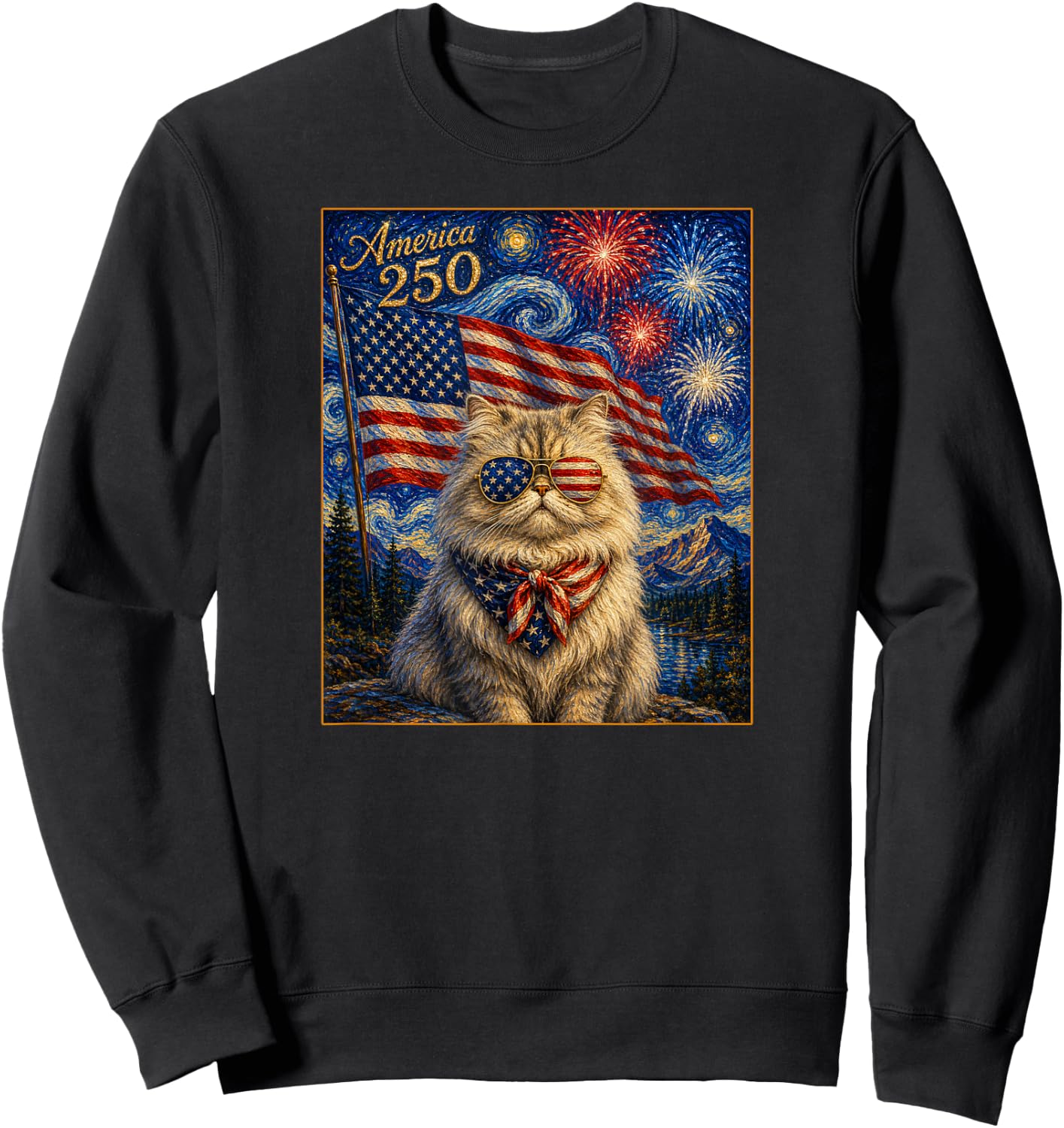 Persian Cat Art America 250 Anniversay 4th of July USA Flag Sweatshirt - Sweatshirt | Black