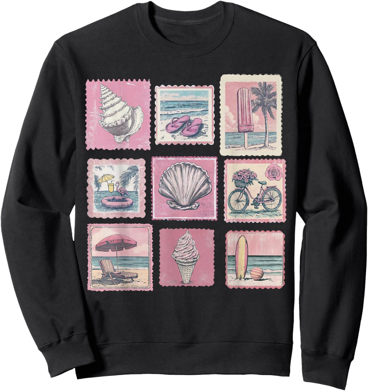 Vintage Pink Coastal Beach Summer Vacation Stamps Sea Lovers Sweatshirt - Sweatshirt | Black