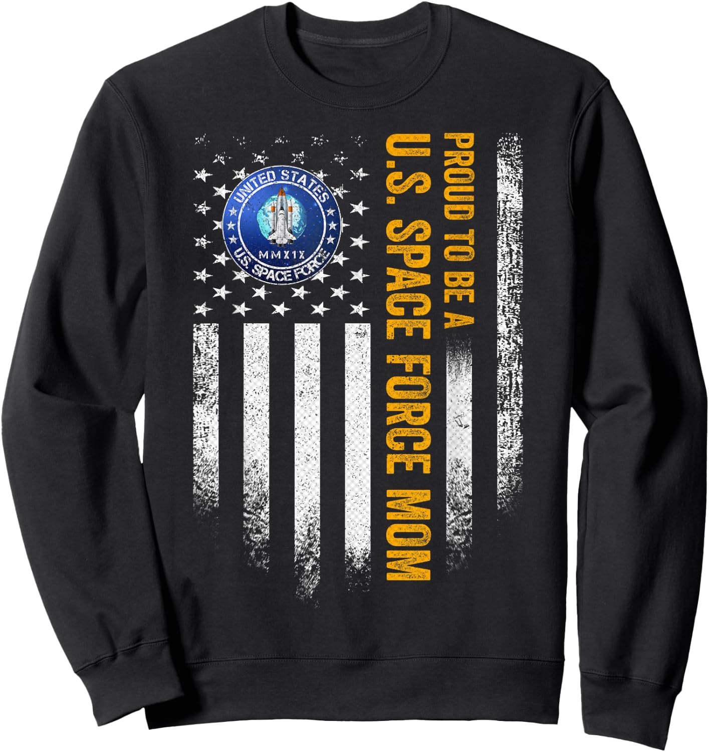 Vintage USA American Flag Proud to Be A US Space Force Mom Sweatshirt - Sweatshirt | Black
