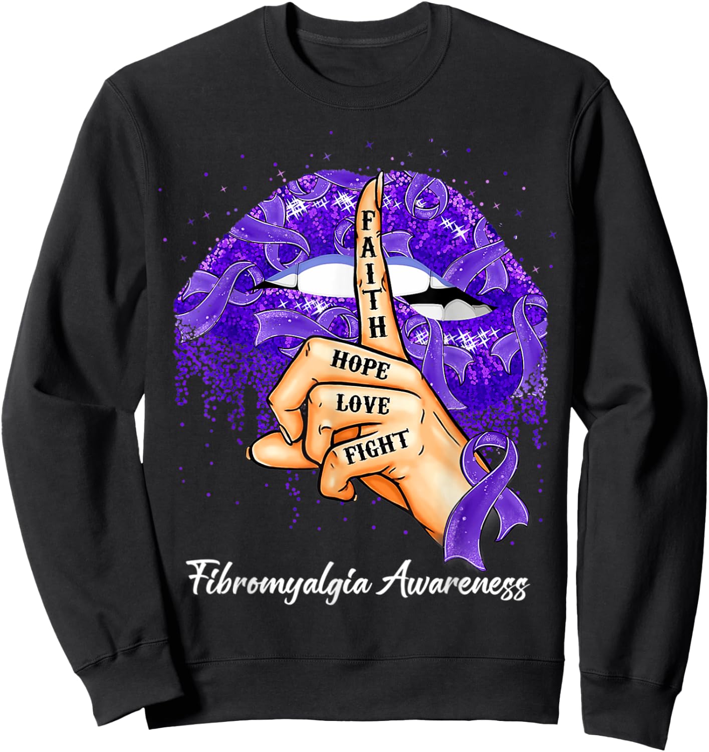 Faith Hope Love Fight Purple Ribbon Fibromyalgia Awareness Sweatshirt - Sweatshirt | Black