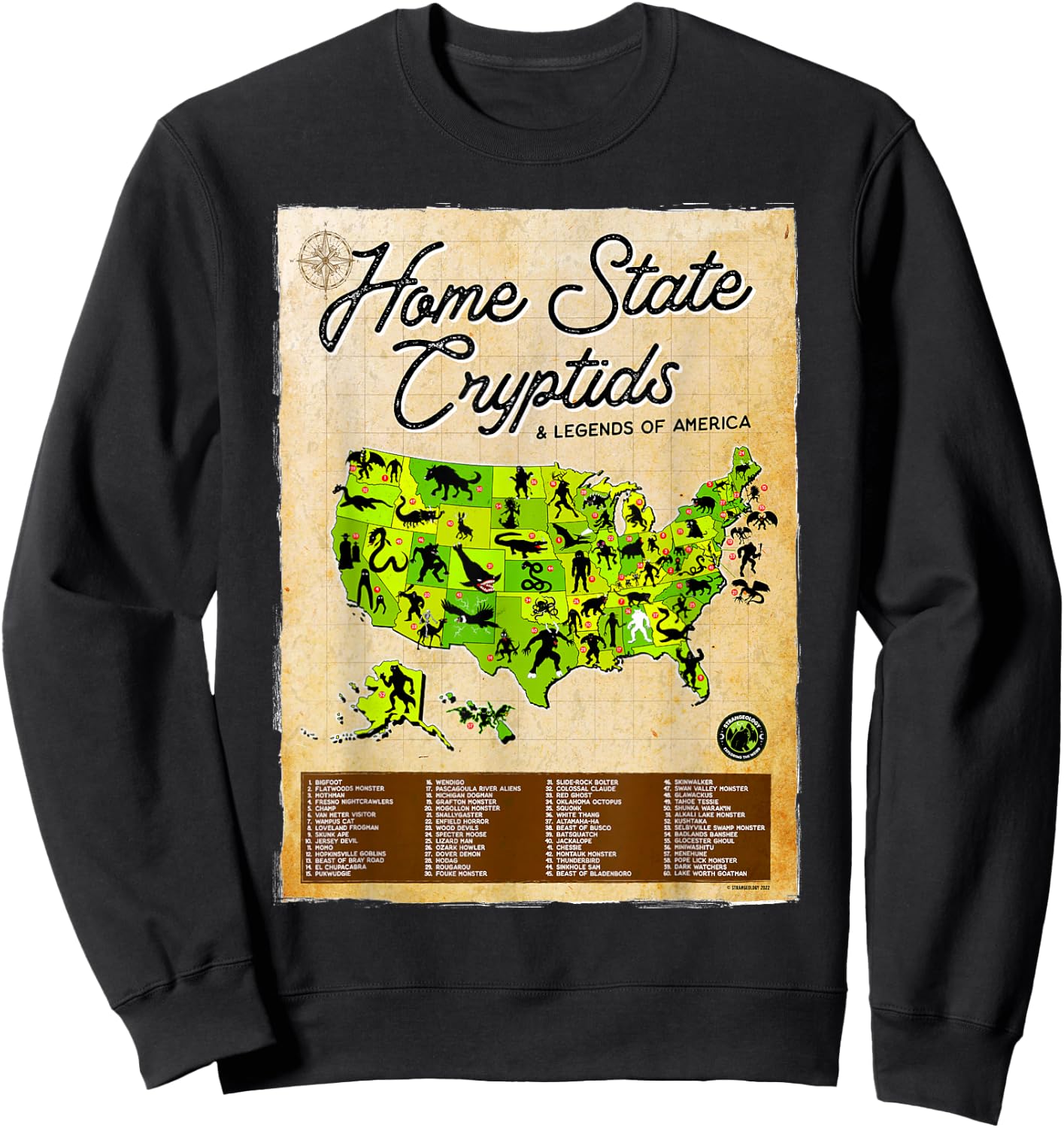 Home State Cryptids & Legends of America Cryptozoology Map Sweatshirt - Sweatshirt | Black