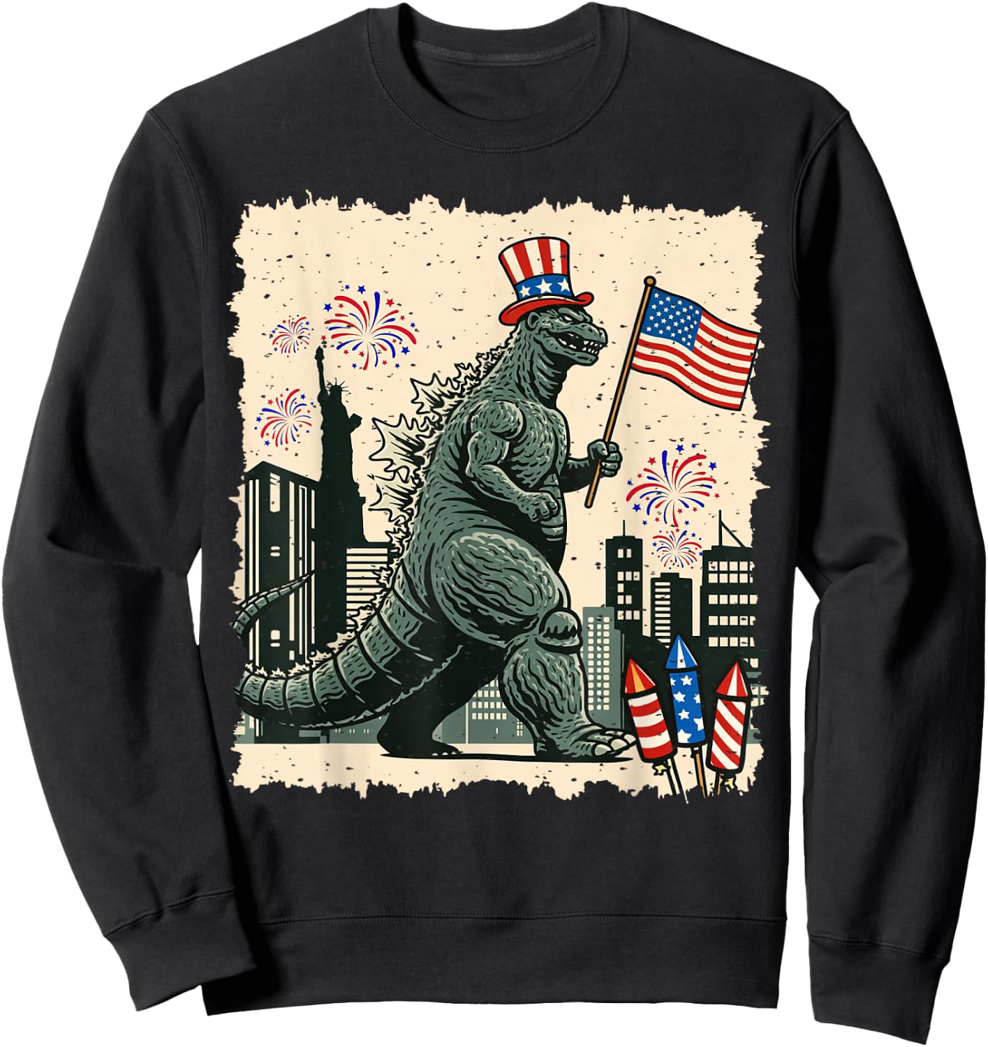 Kaiju Monster Japanese Art USA Flag Patriotic 4th of July Sweatshirt - Sweatshirt | Black