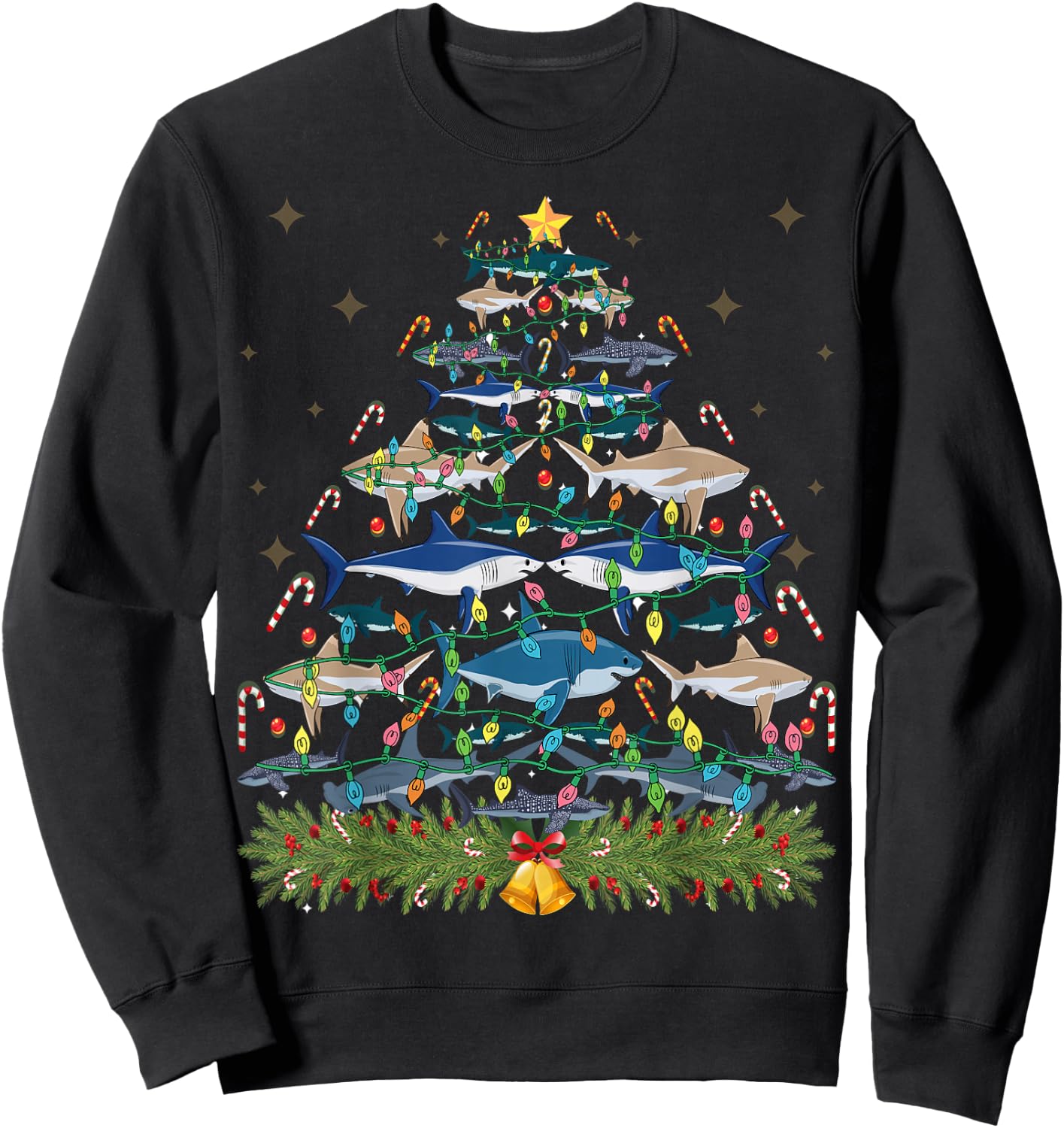 Funny Shark Christmas Tree Xmas Santa Claus Lights Gift Sweatshirt - Sweatshirt | Black