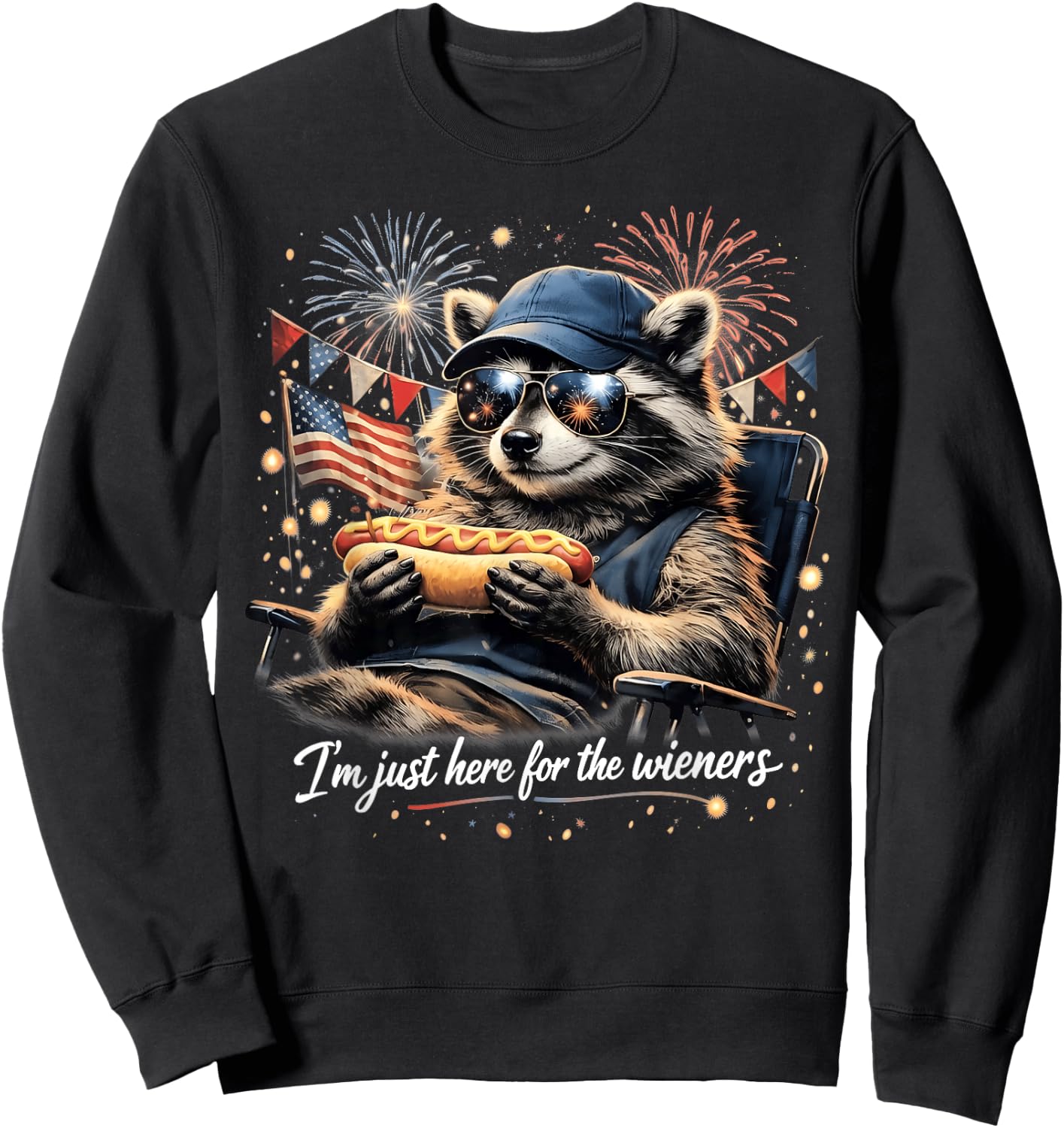 I'm Just Here for the Wieners 4th of July Raccoon Hot Dog Sweatshirt - Sweatshirt | Black