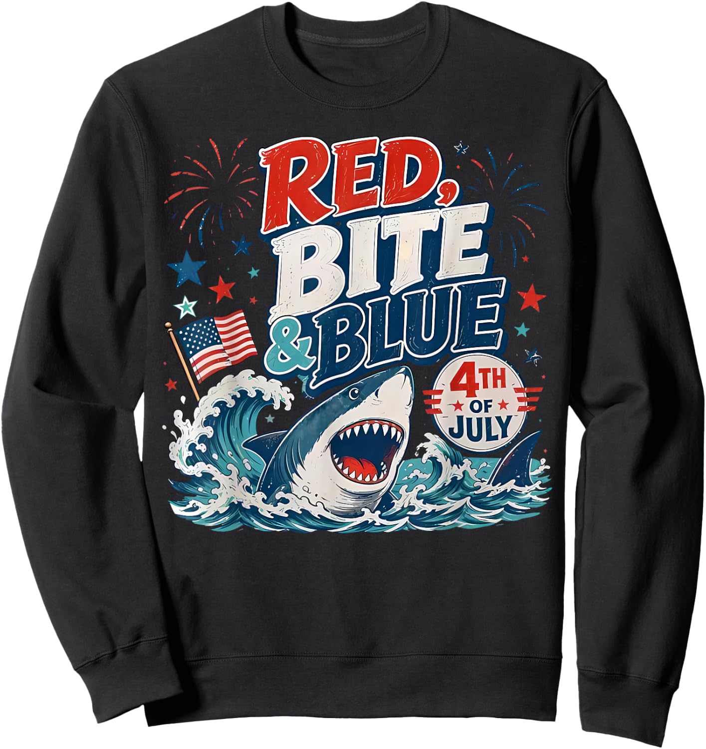 Red Bite & Blue Shark Funny 4th of July Patriotic Summer Sweatshirt - Sweatshirt | Black