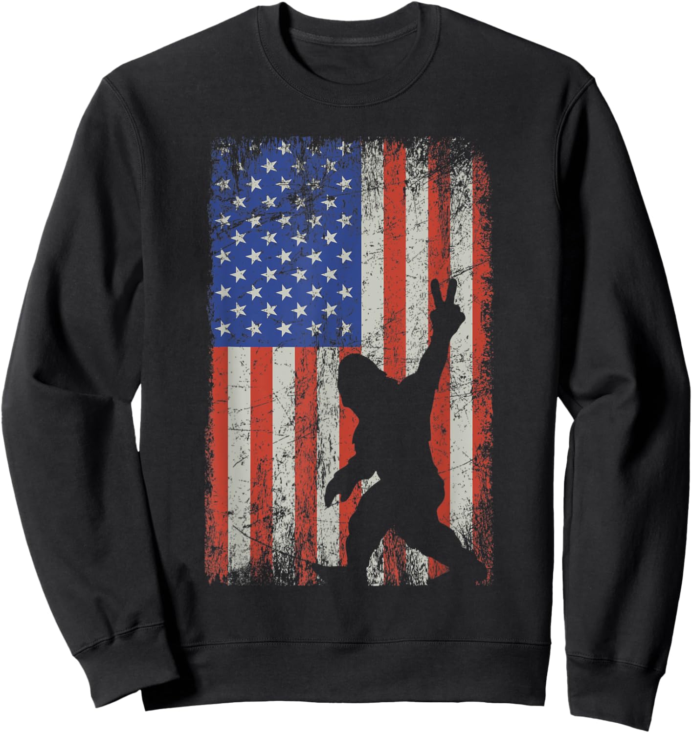 Bigfoot Sasquatch Rock and Roll American Flag 4th of July Women Kids Men Sweatshirt - Sweatshirt | Black