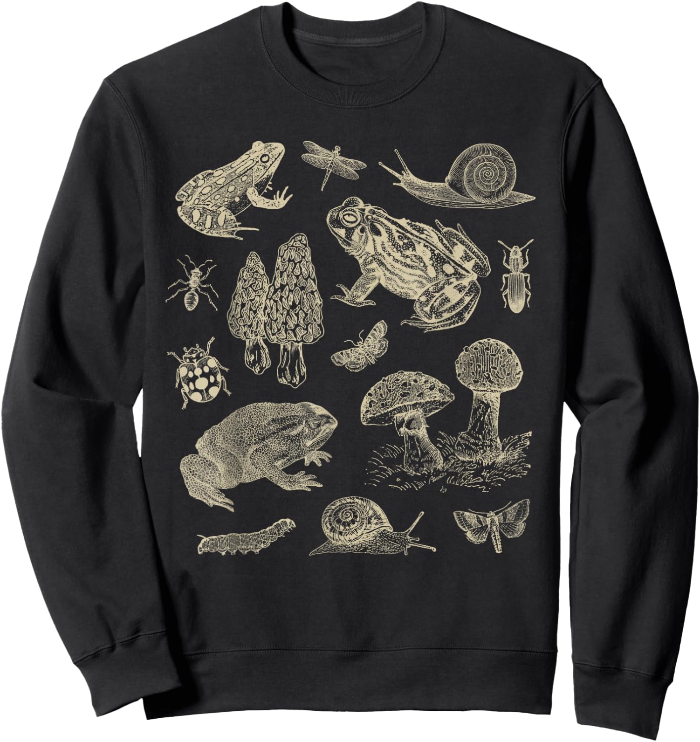 Frog Mushroom 90s Vintage Dark Academia Aesthetic Biology Sweatshirt - Sweatshirt | Black