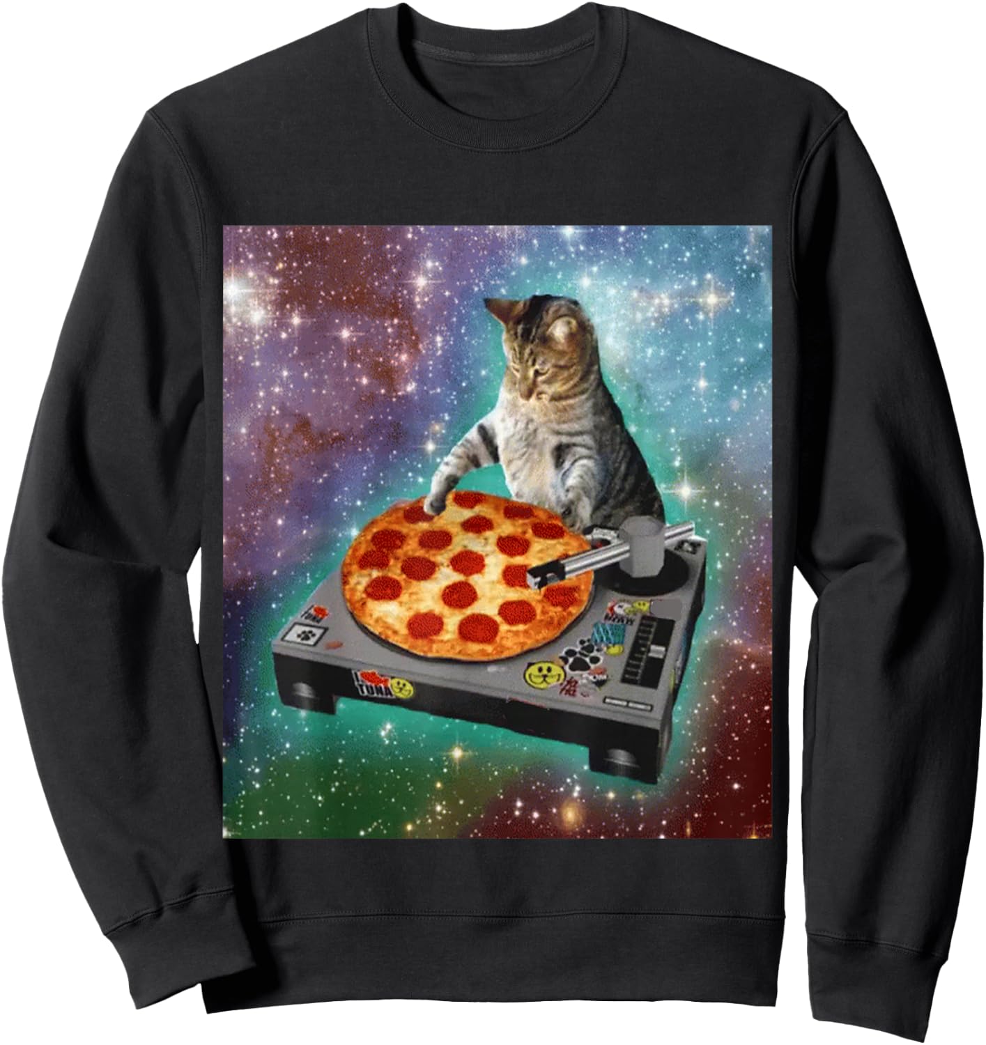 Outer Space Galaxy Universe Cat Pizza DJ Funny Cute Cosmic Sweatshirt - Sweatshirt | Black