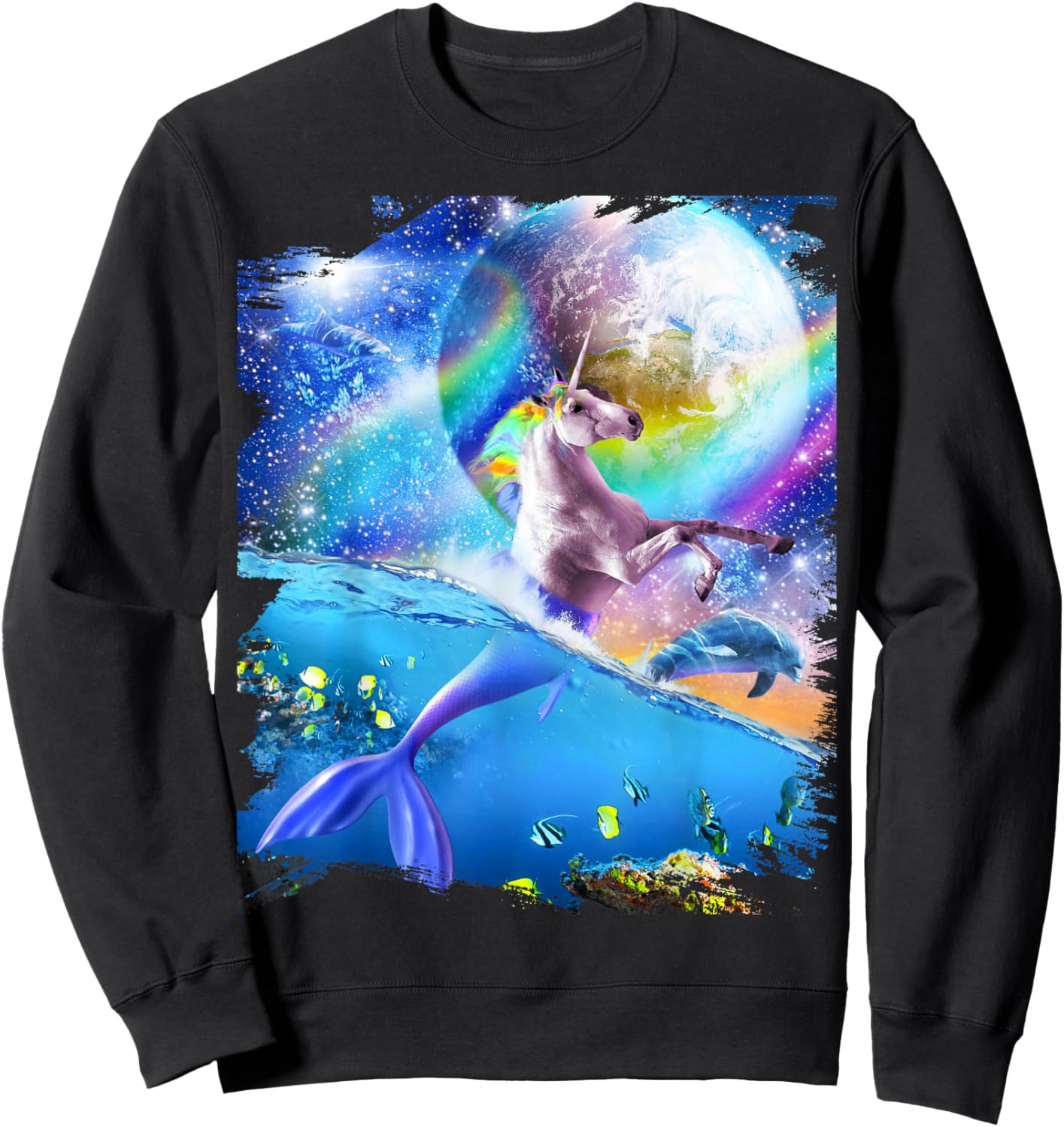 Rainbow Space Mermaid Unicorn, Mermicorn, Dolphin Sweatshirt - Sweatshirt | Black