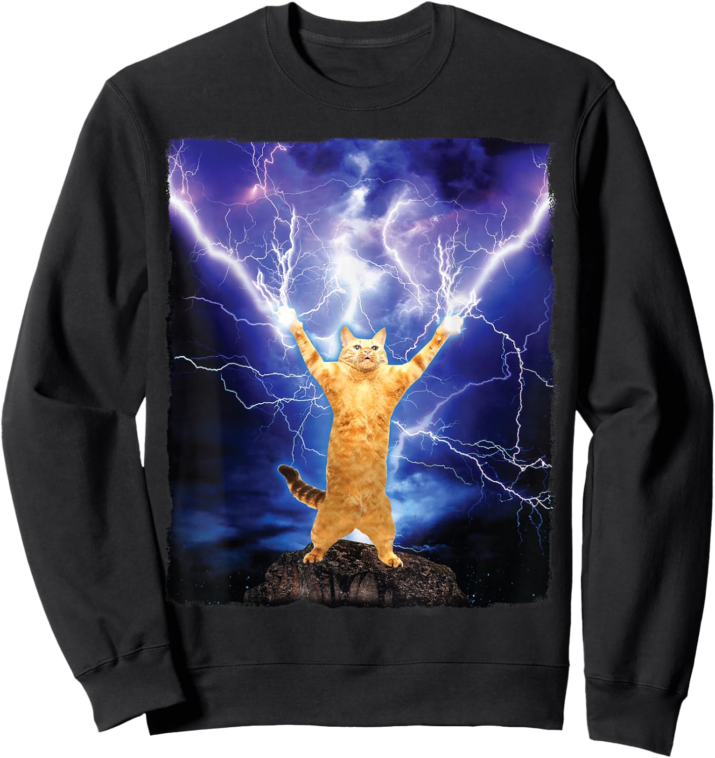 Cat Merch Funny Cat Lightning Thunderbolt On Mountain Sweatshirt - Sweatshirt | Black