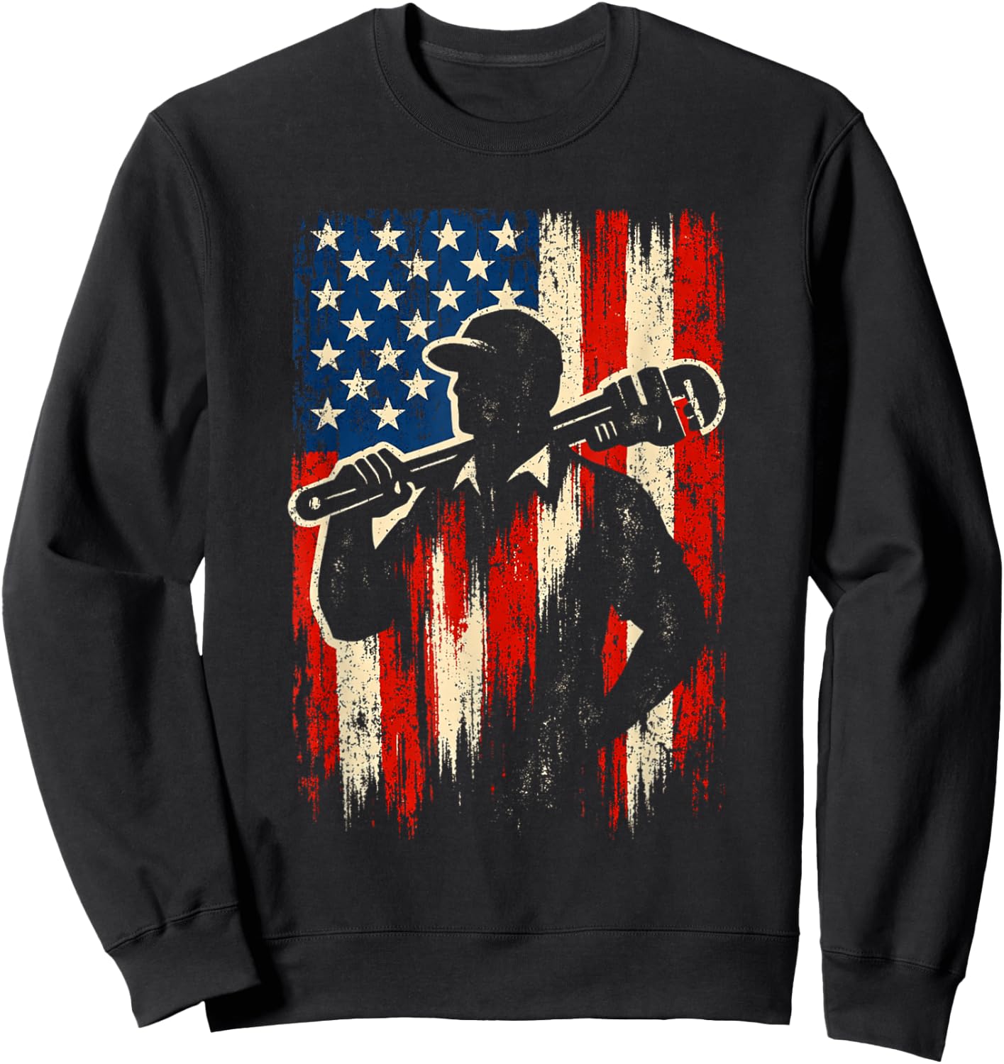 American Flag Plumber Pipefitter Silhouette Pipe Wrench Sweatshirt - Sweatshirt | Black