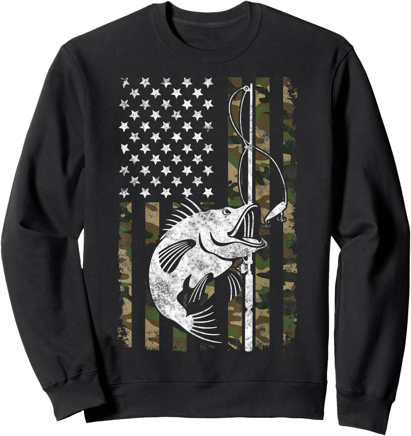 Camouflage American Flag Bass Fishing Gift Fisherman Sweatshirt - Sweatshirt | Black