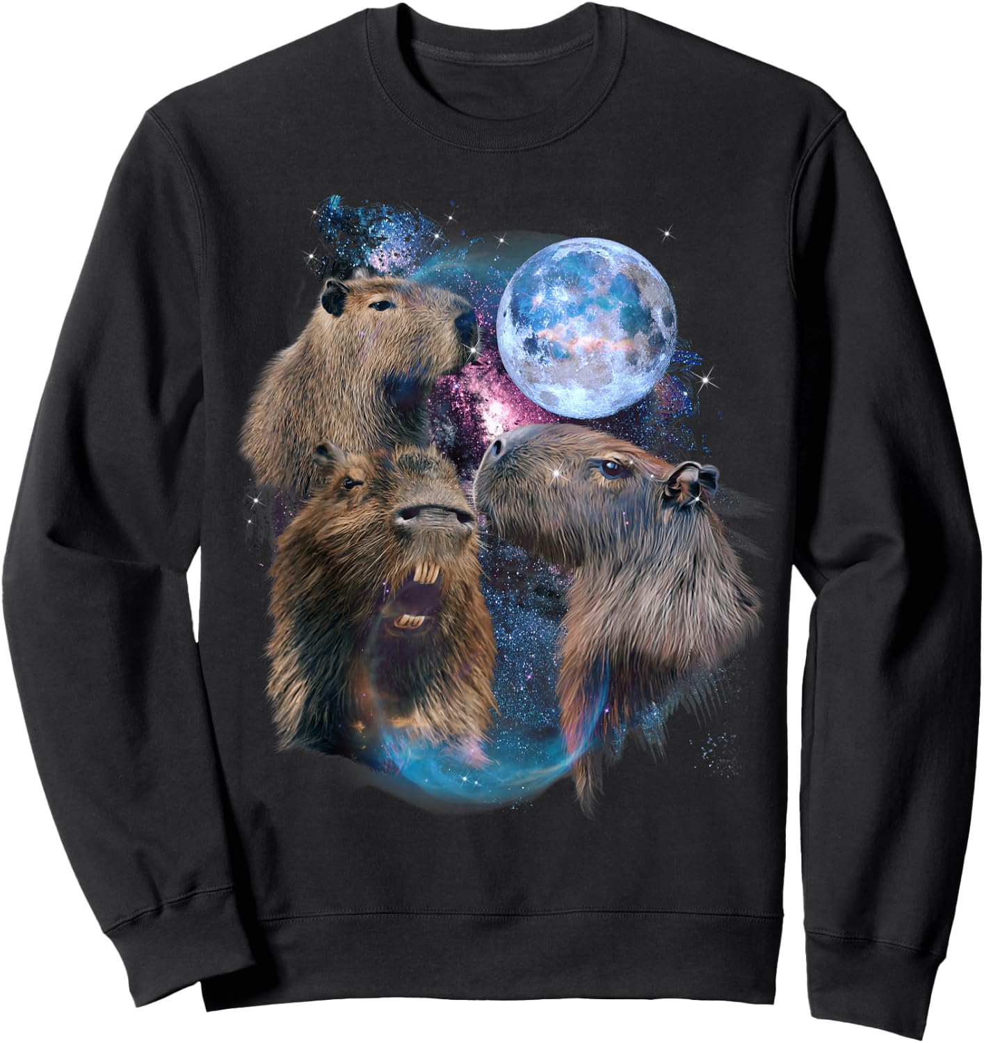 3 Moon Capybara Funny Capibara Rodent Animal Lover Humor Short Sleeve Sweatshirt - Sweatshirt | Black