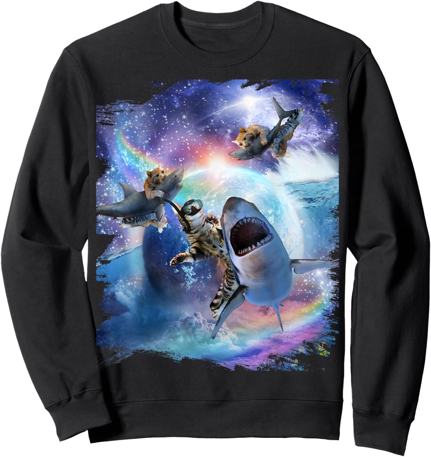 Rainbow Galaxy Cat Riding Shark in Space Sweatshirt - Sweatshirt | Black